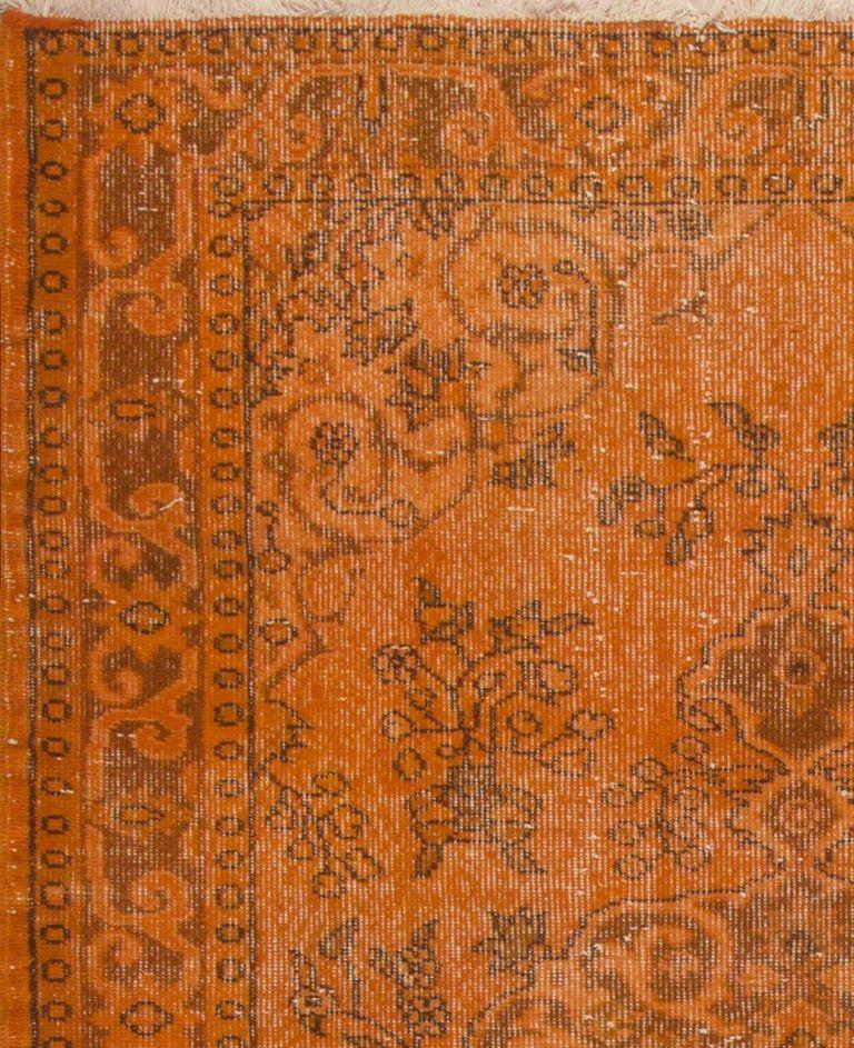 Hand-Woven 4x7.3 Ft Contemporary Vintage Wool Rug Re-Dyed in Orange, Handknotted in Turkey