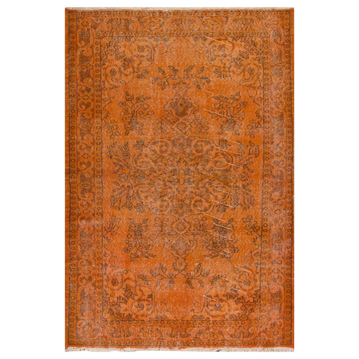 4x7.3 Ft Contemporary Vintage Wool Rug Re-Dyed in Orange, Handknotted in Turkey