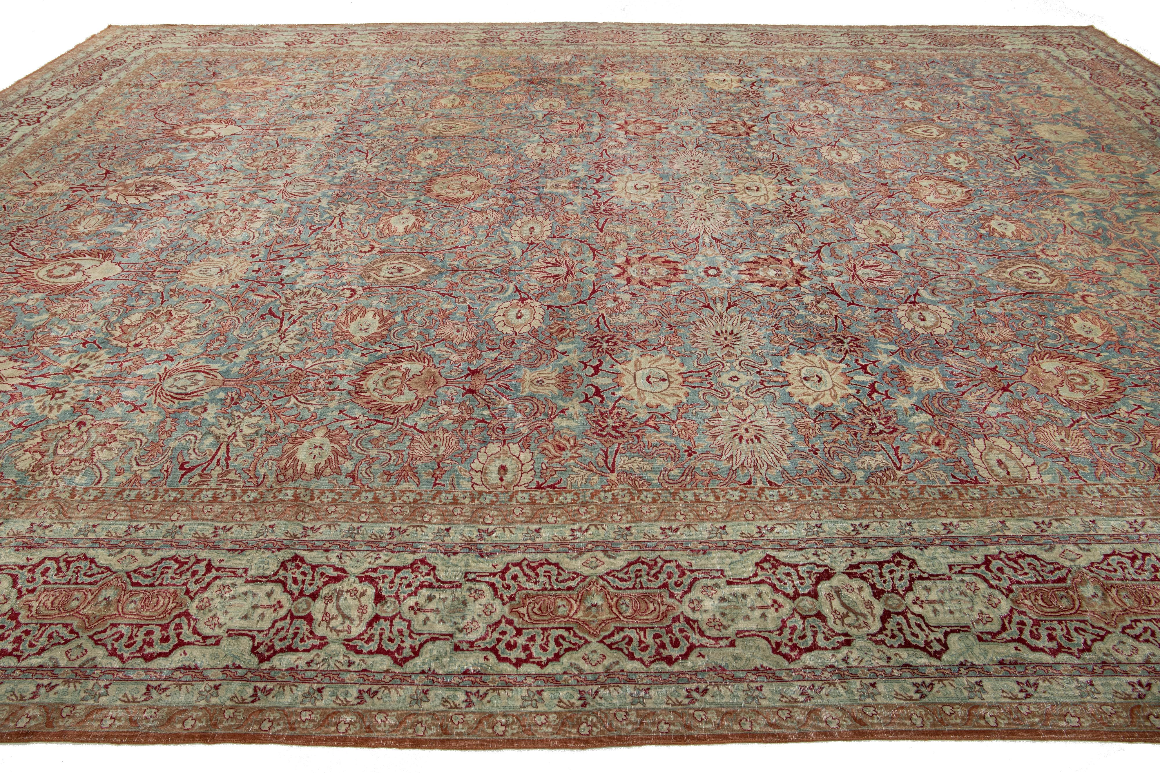 Floral Designed Antique Persian Malayer Wool Rug In Blue From The 1890s For Sale 1