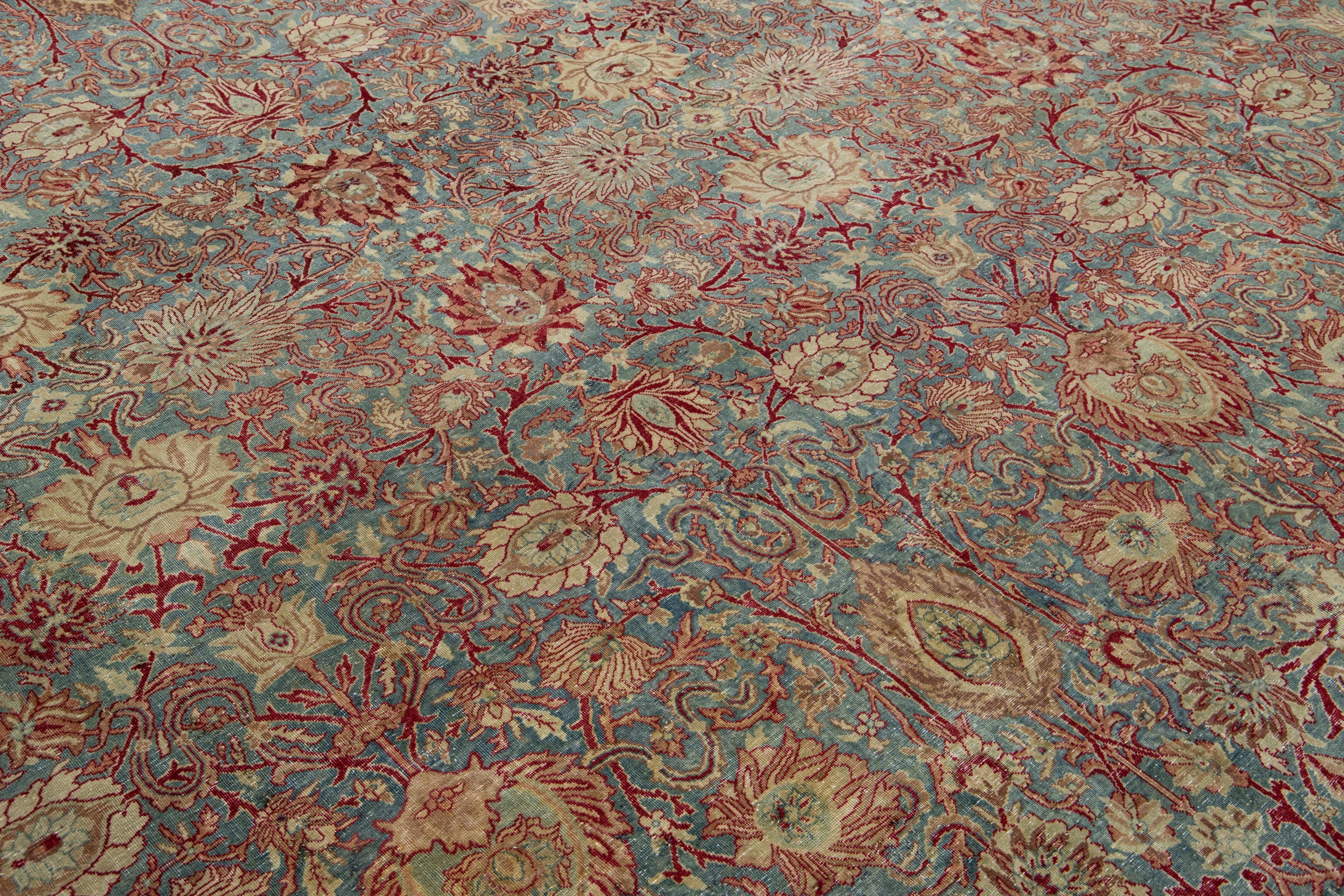 Floral Designed Antique Persian Malayer Wool Rug In Blue From The 1890s For Sale 4