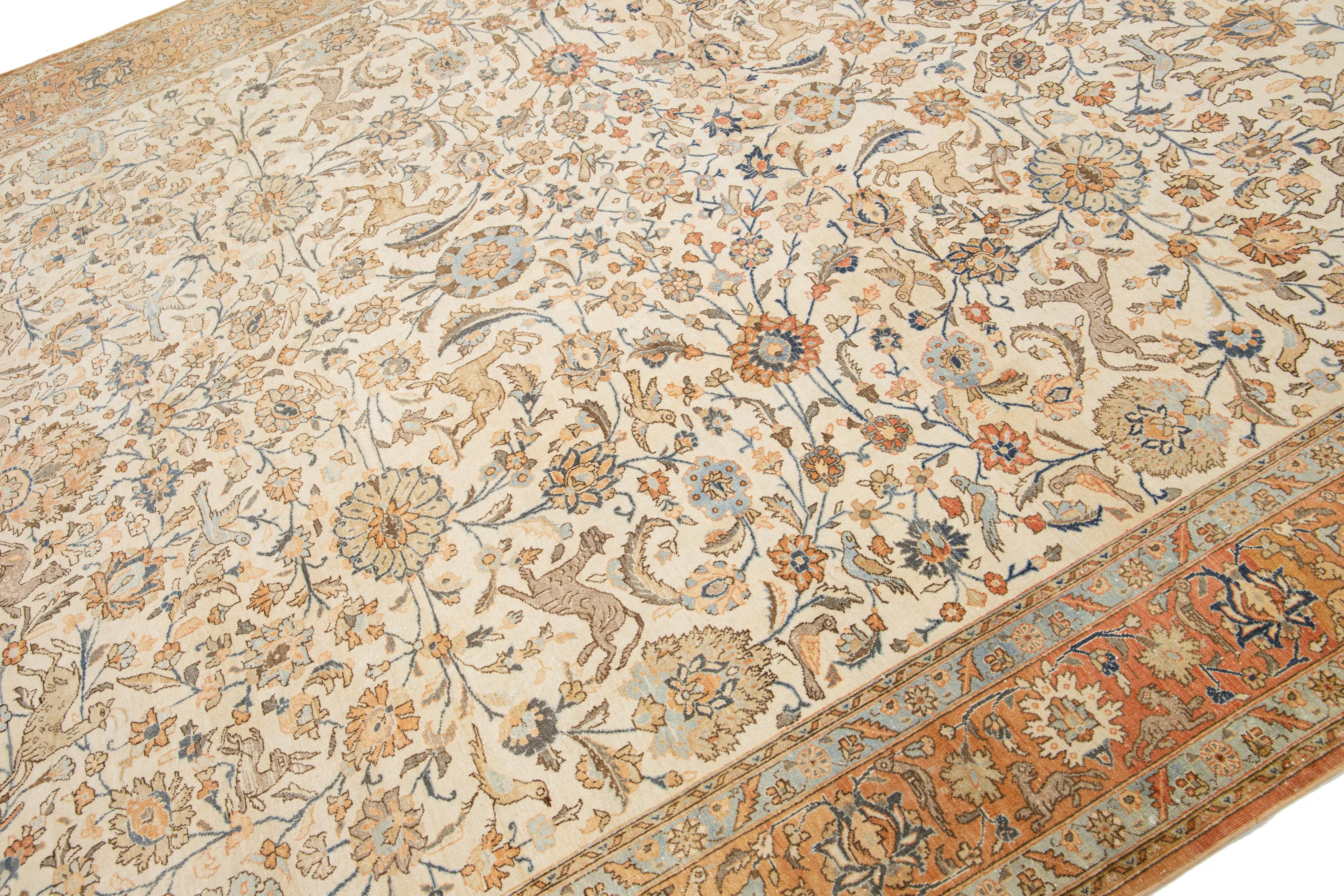 Hand-Knotted Floral Designed Antique Persian Tabriz Wool Rug Handmade In Beige and Orange For Sale