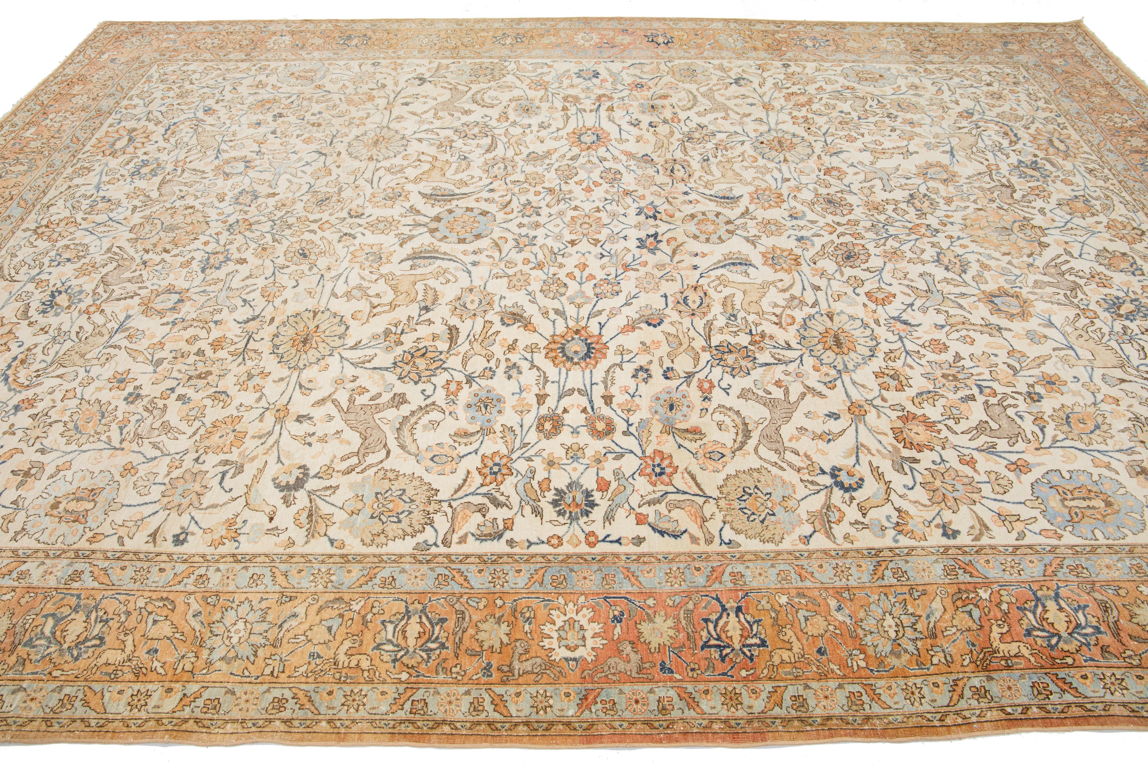 Floral Designed Antique Persian Tabriz Wool Rug Handmade In Beige and Orange In Excellent Condition For Sale In Norwalk, CT