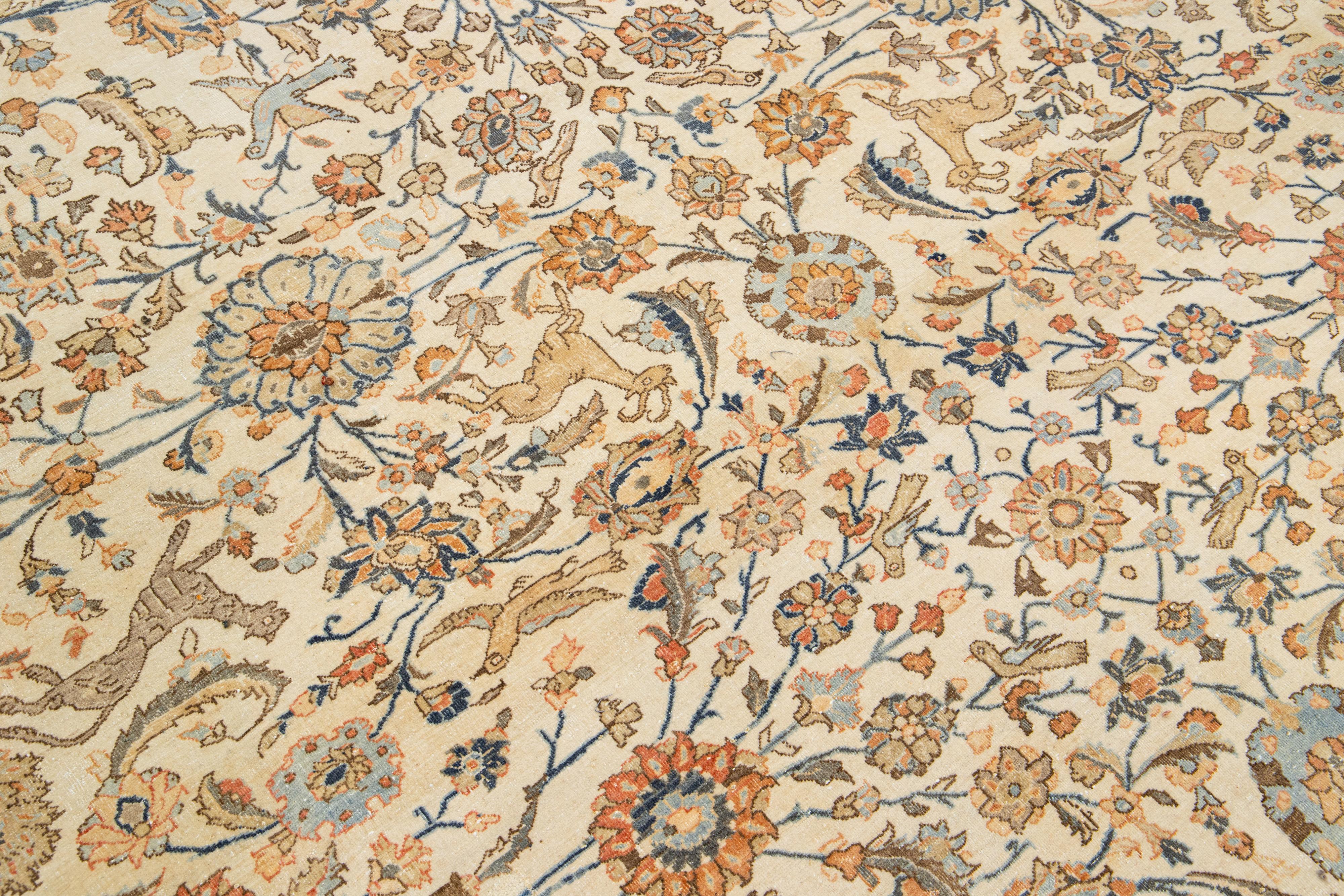 Floral Designed Antique Persian Tabriz Wool Rug Handmade In Beige and Orange For Sale 2