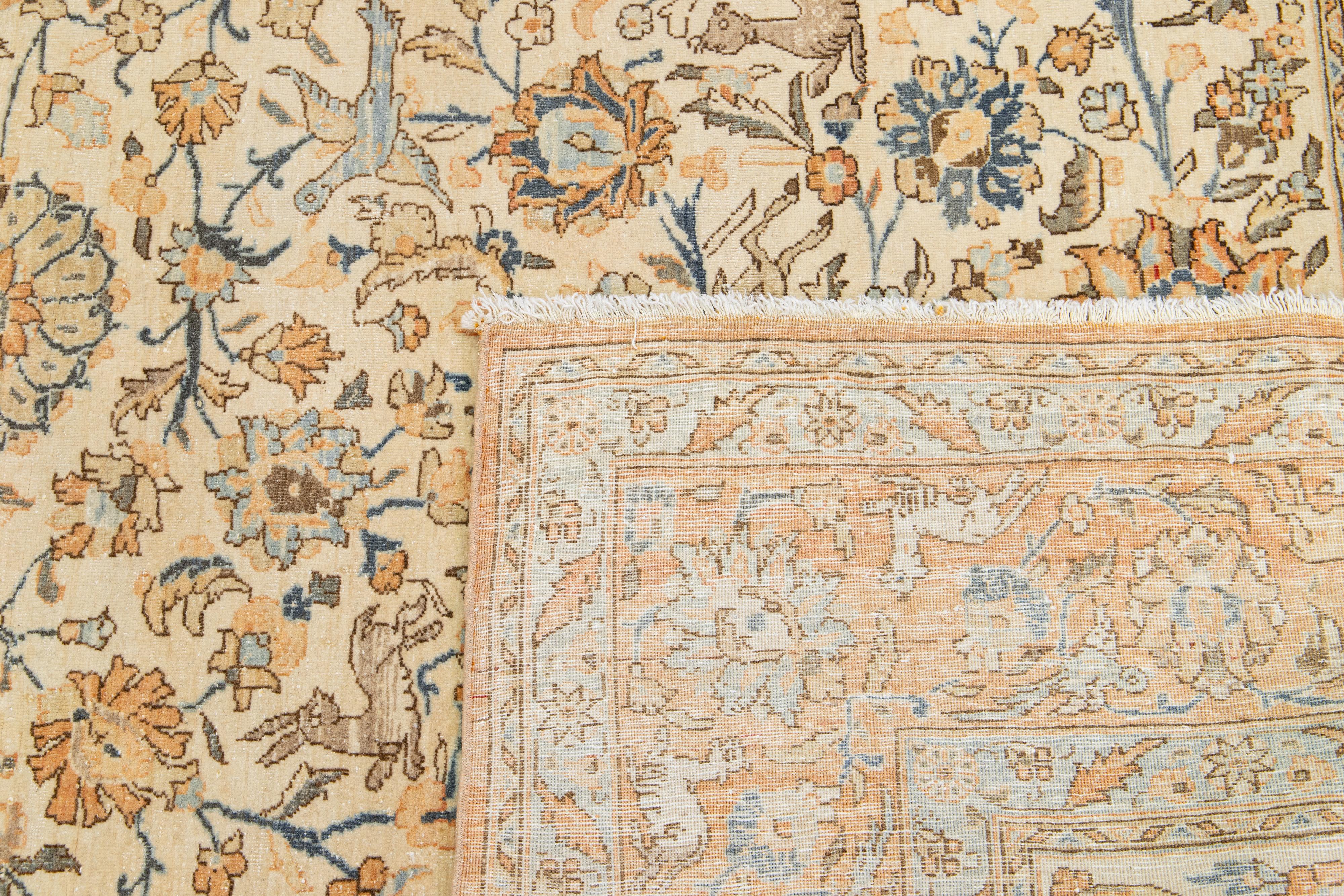 Floral Designed Antique Persian Tabriz Wool Rug Handmade In Beige and Orange For Sale 3