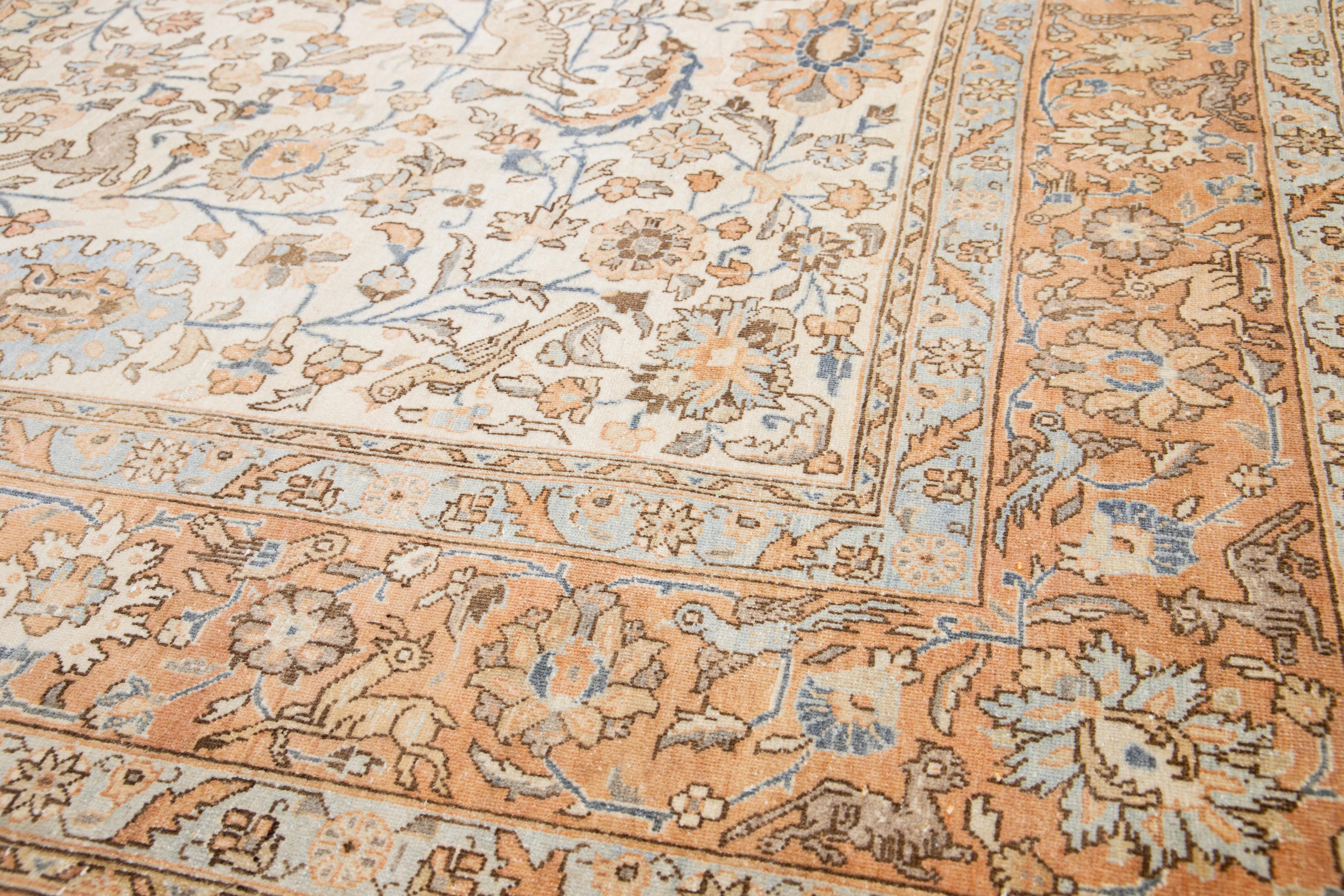 Floral Designed Antique Persian Tabriz Wool Rug Handmade In Beige and Orange For Sale 4