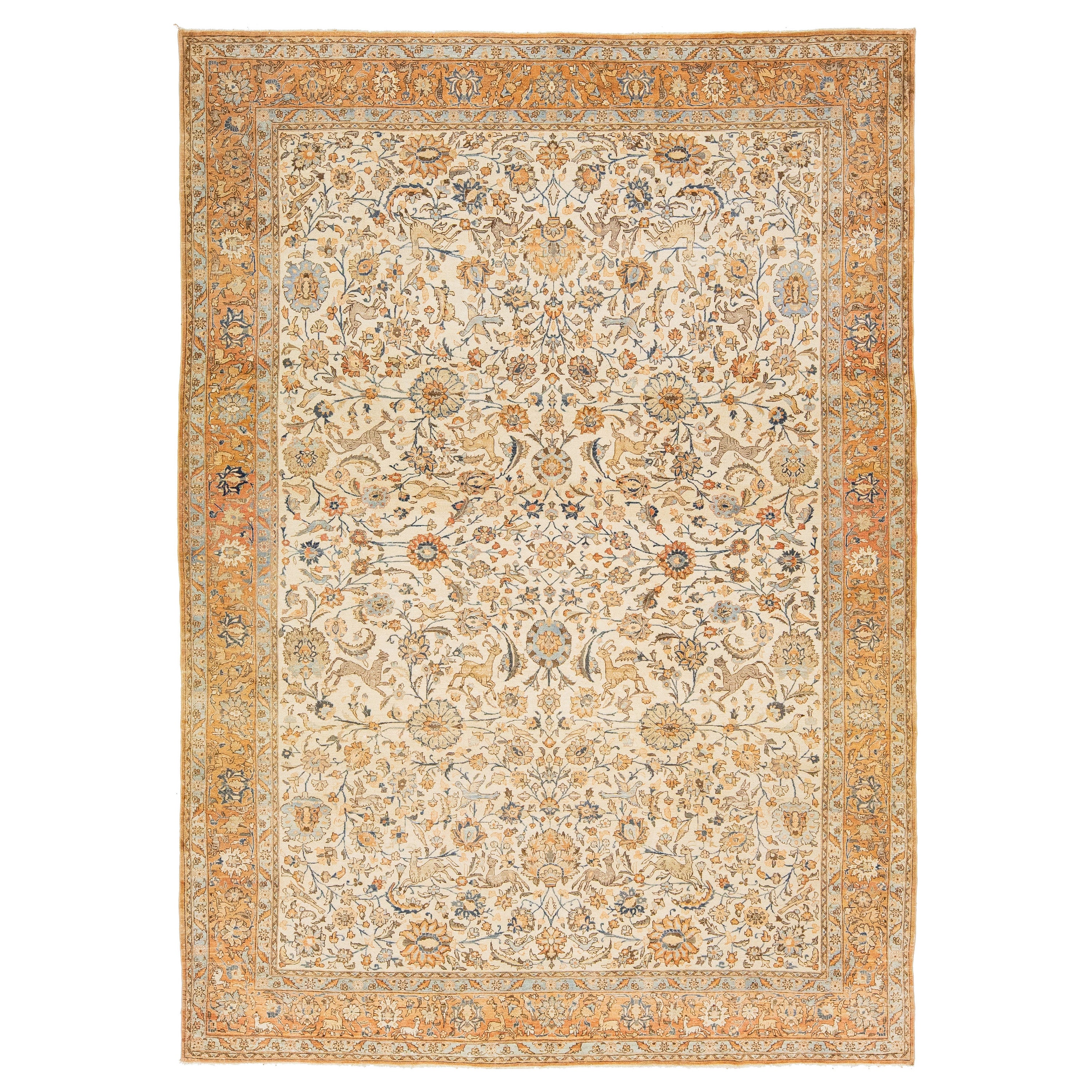 Antiker persischer Täbris-Wollteppich in Beige und Orange mit Blumenmuster, handgefertigt