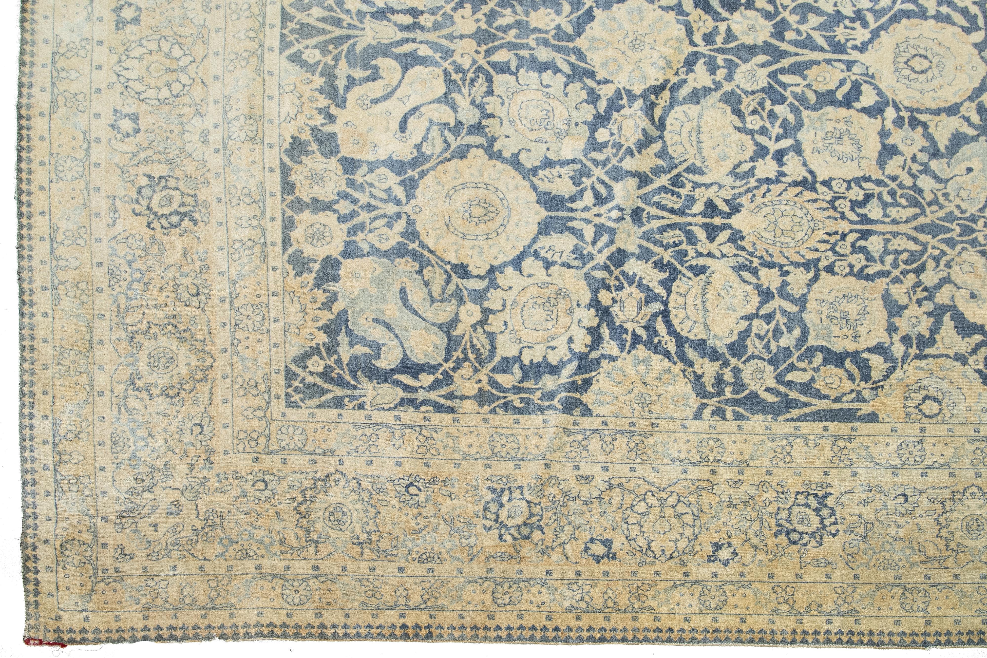 Lana Tappeto in lana Tabriz persiano antico dal design floreale in blu in vendita