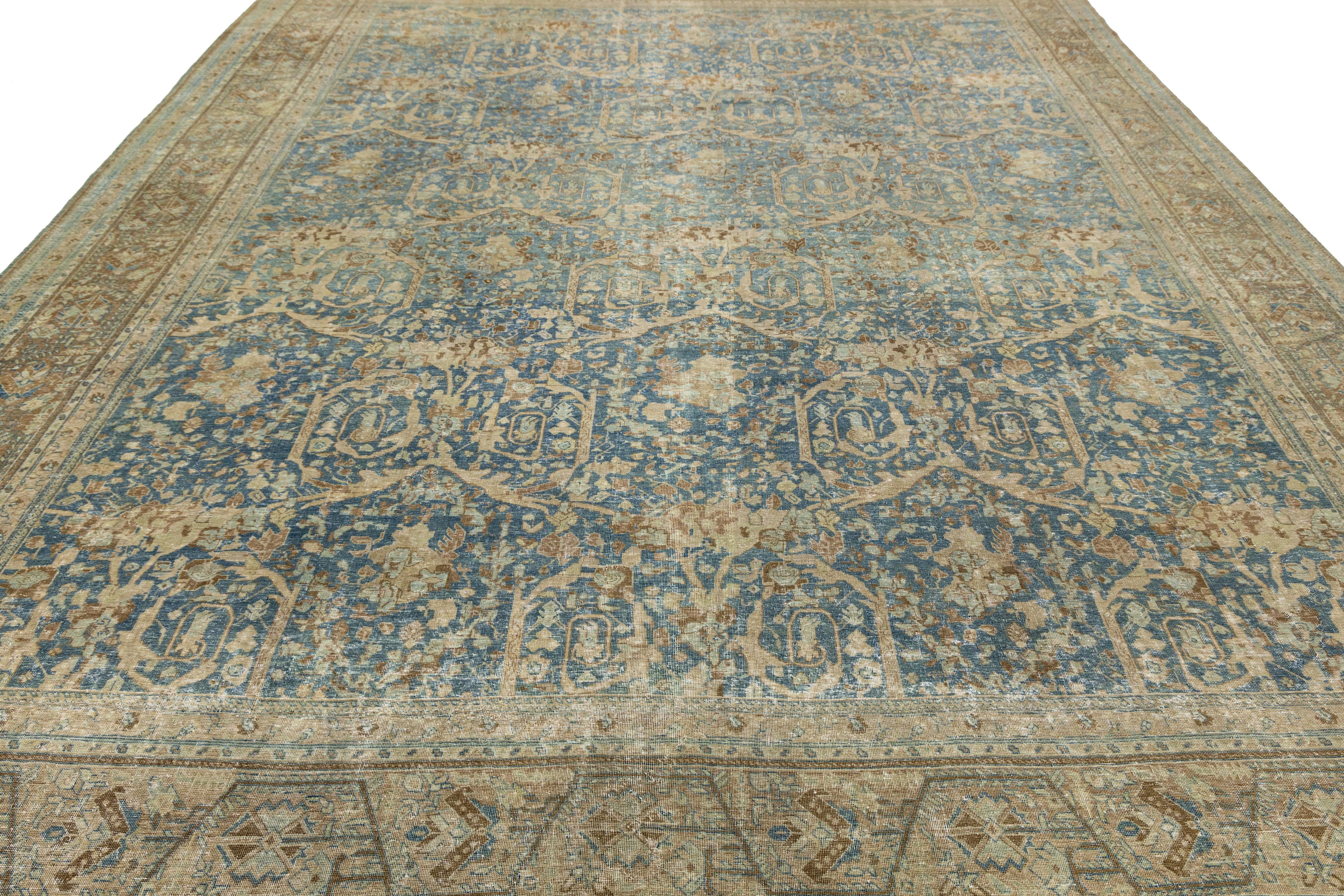 Floral gestaltete handgefertigte Mahal Wollteppich In Blau aus den 1900er Jahren (20. Jahrhundert) im Angebot