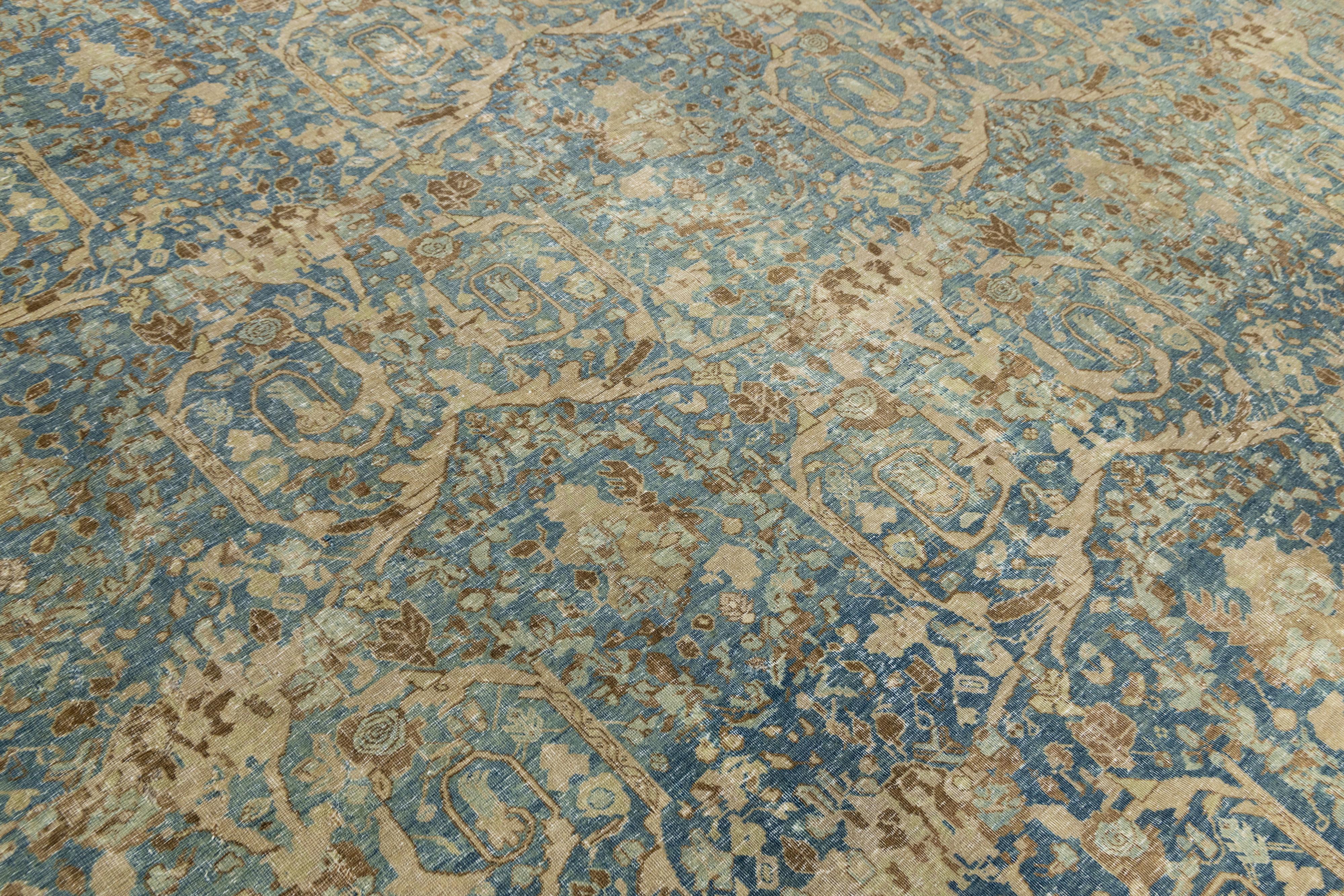 Floral gestaltete handgefertigte Mahal Wollteppich In Blau aus den 1900er Jahren (Wolle) im Angebot