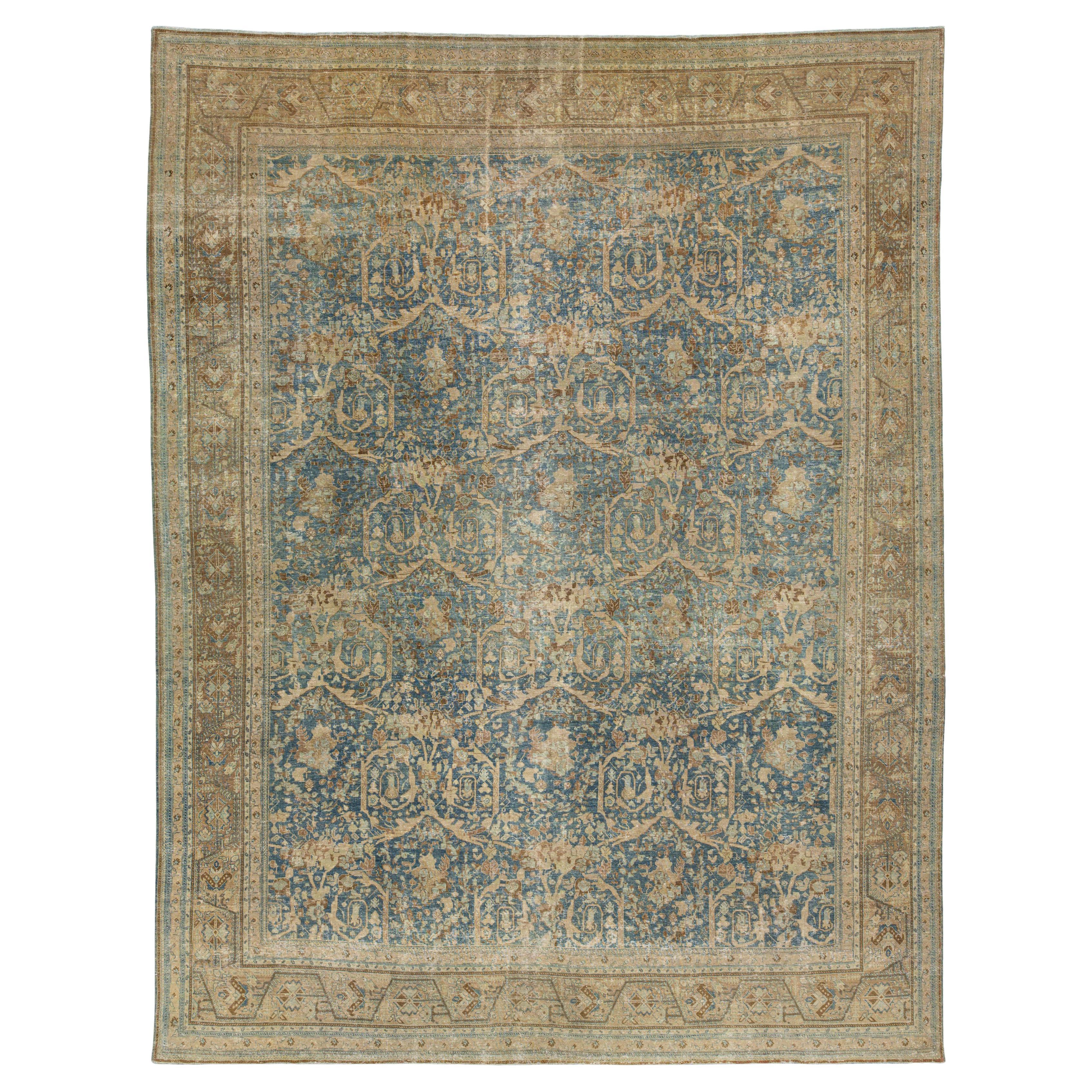 Floral gestaltete handgefertigte Mahal Wollteppich In Blau aus den 1900er Jahren