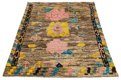 Floral Designed Modern Moroccan Style Wool Rug In Brown