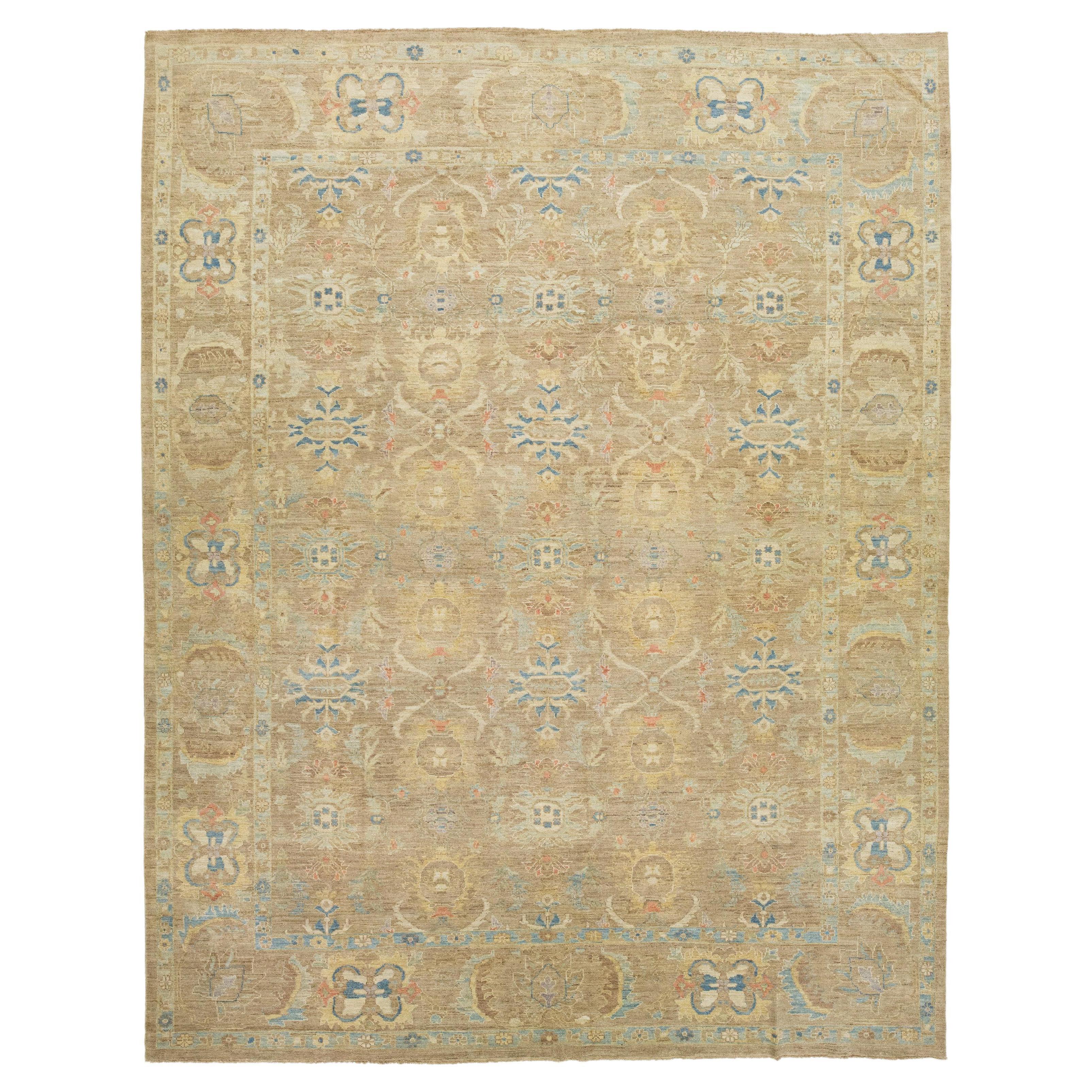 Apadana's Floral Designed Modern Sultanabad Wool Rug Handmade In Tan