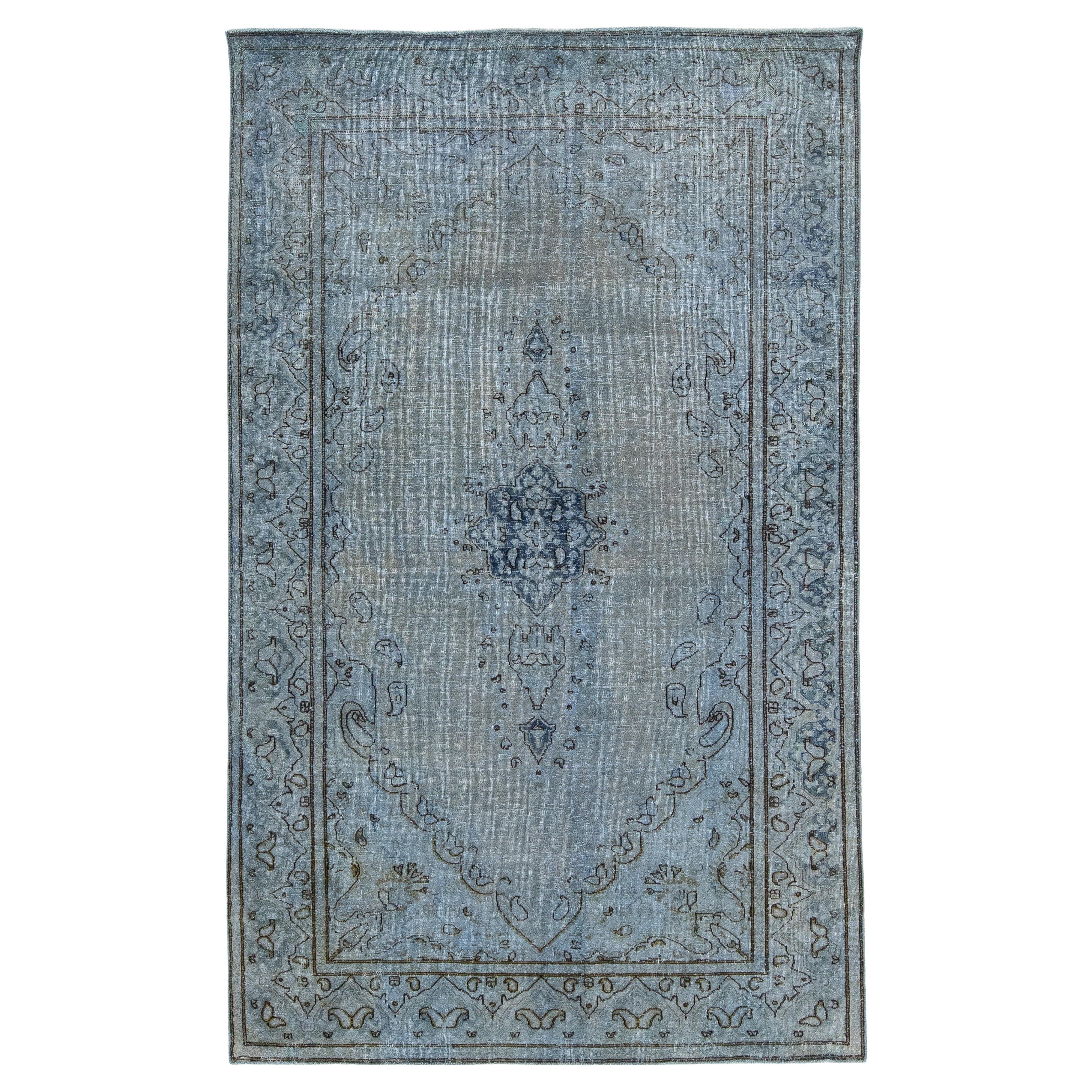 Floral Designed Persian Overdyed Wool Rug In Blue and Gray 