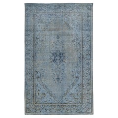 Vintage Floral Designed Persian Overdyed Wool Rug In Blue and Gray 