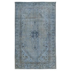 Floral Designed Persian Overdyed Wool Rug In Blue and Gray