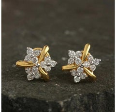 Floral Designer Stud Earring 14K Yellow Gold Genuine Diamond