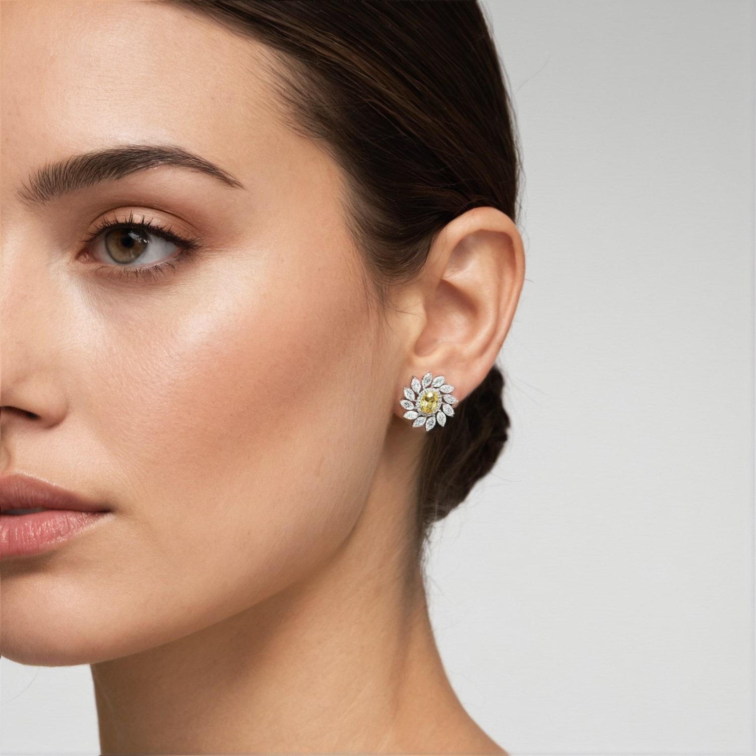Adoptez une sophistication opulente avec nos boucles d'oreilles fantaisie en diamant blanc et jaune pour le soir. Chaque diamant exquis est méticuleusement serti pour exsuder la brillance, rehaussant votre tenue de soirée d'une allure intemporelle.
