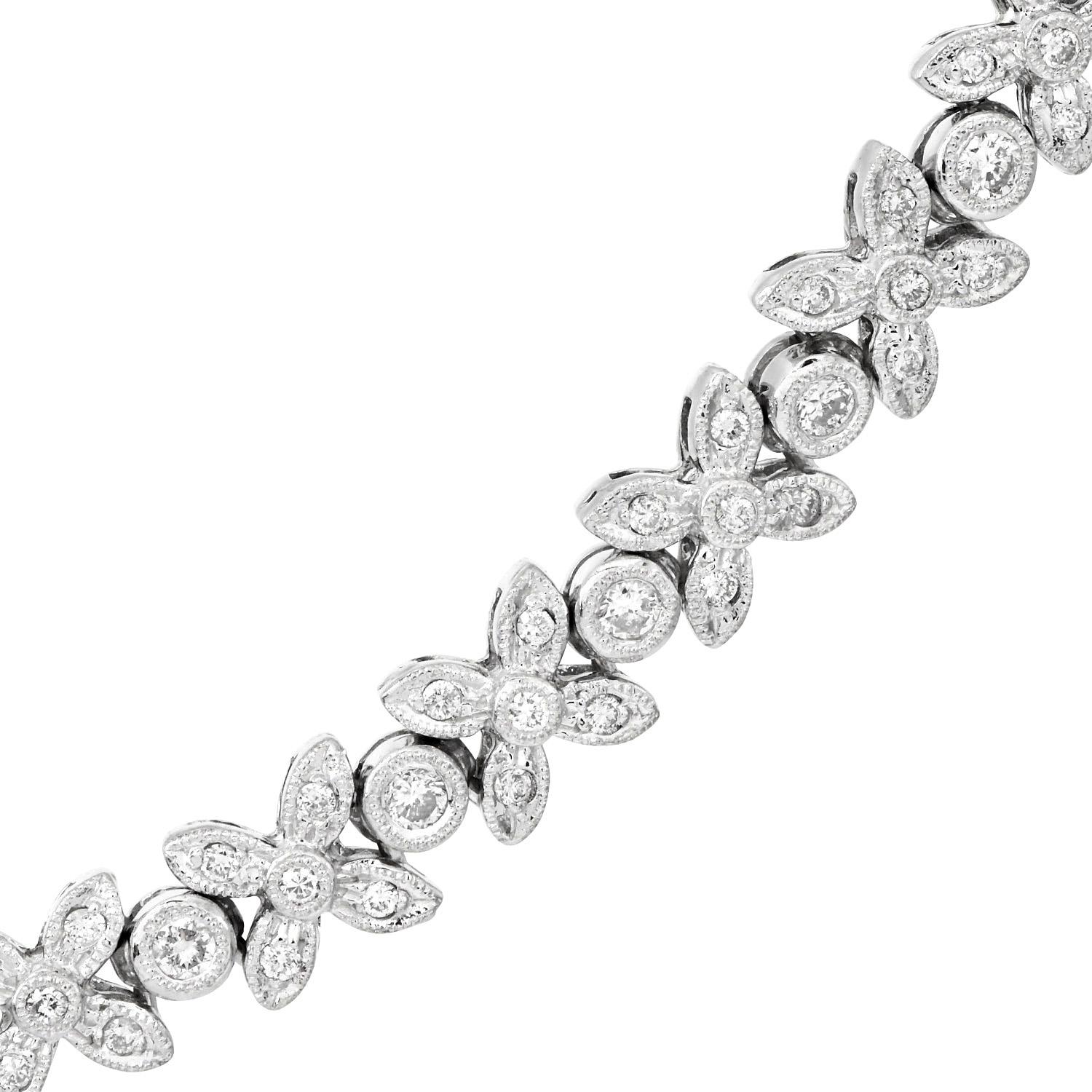 Round Cut Floral Diamond 4.50cts Tennis Necklace 18K White Gold For Sale