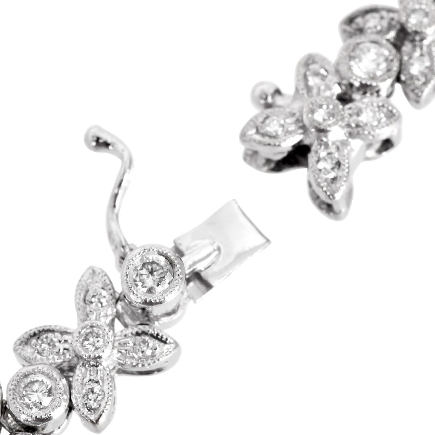 Floral Diamond 4.50cts Tennis Necklace 18K White Gold In Excellent Condition For Sale In Miami, FL