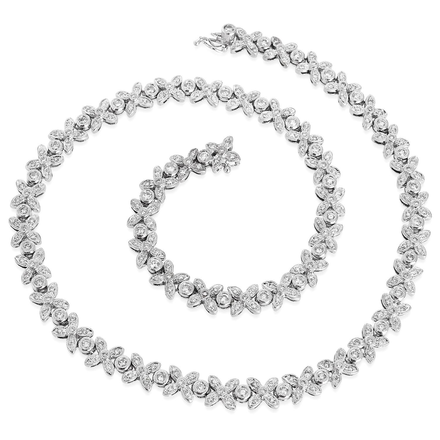 Women's Floral Diamond 4.50cts Tennis Necklace 18K White Gold For Sale