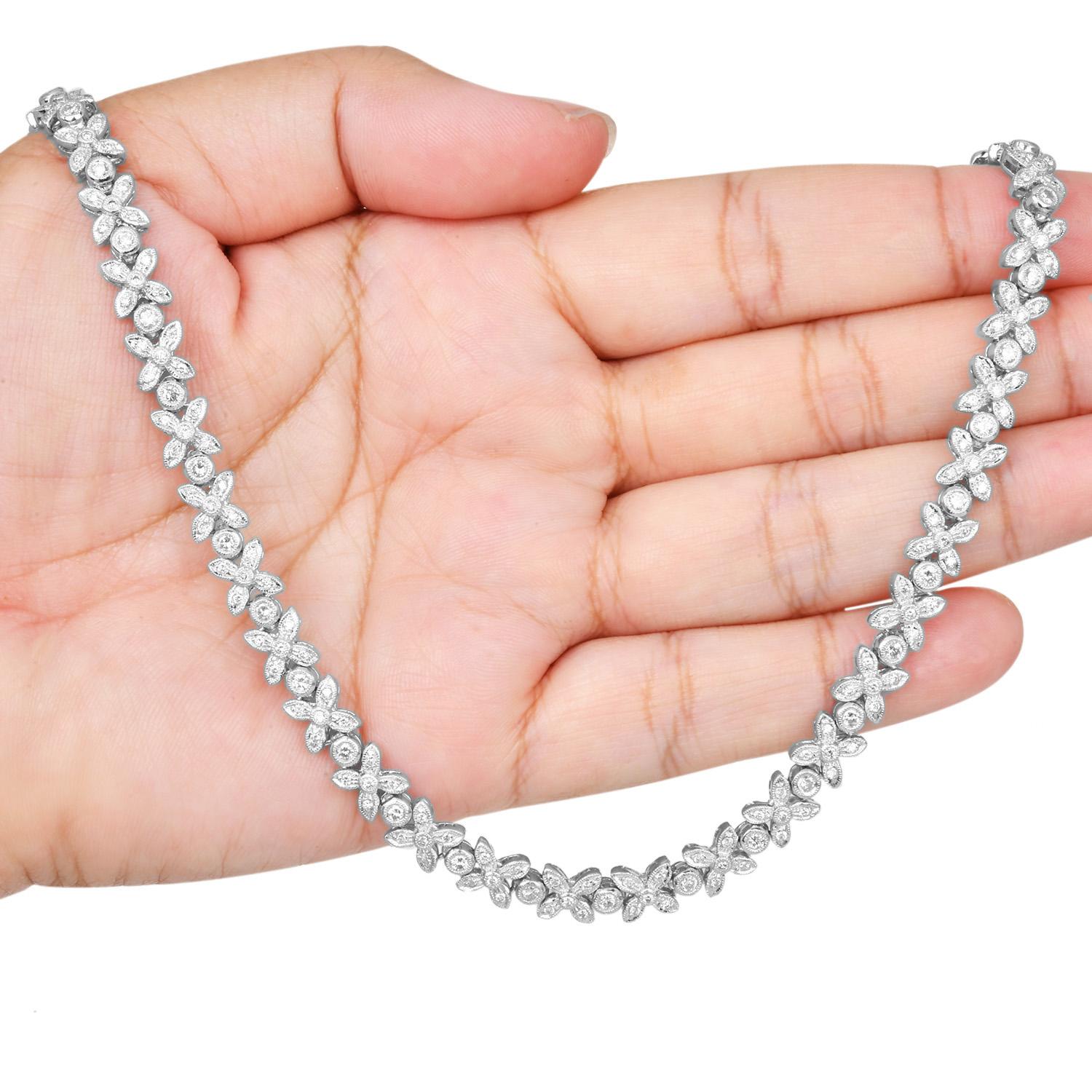 Floral Diamond 4.50cts Tennis Necklace 18K White Gold For Sale 1