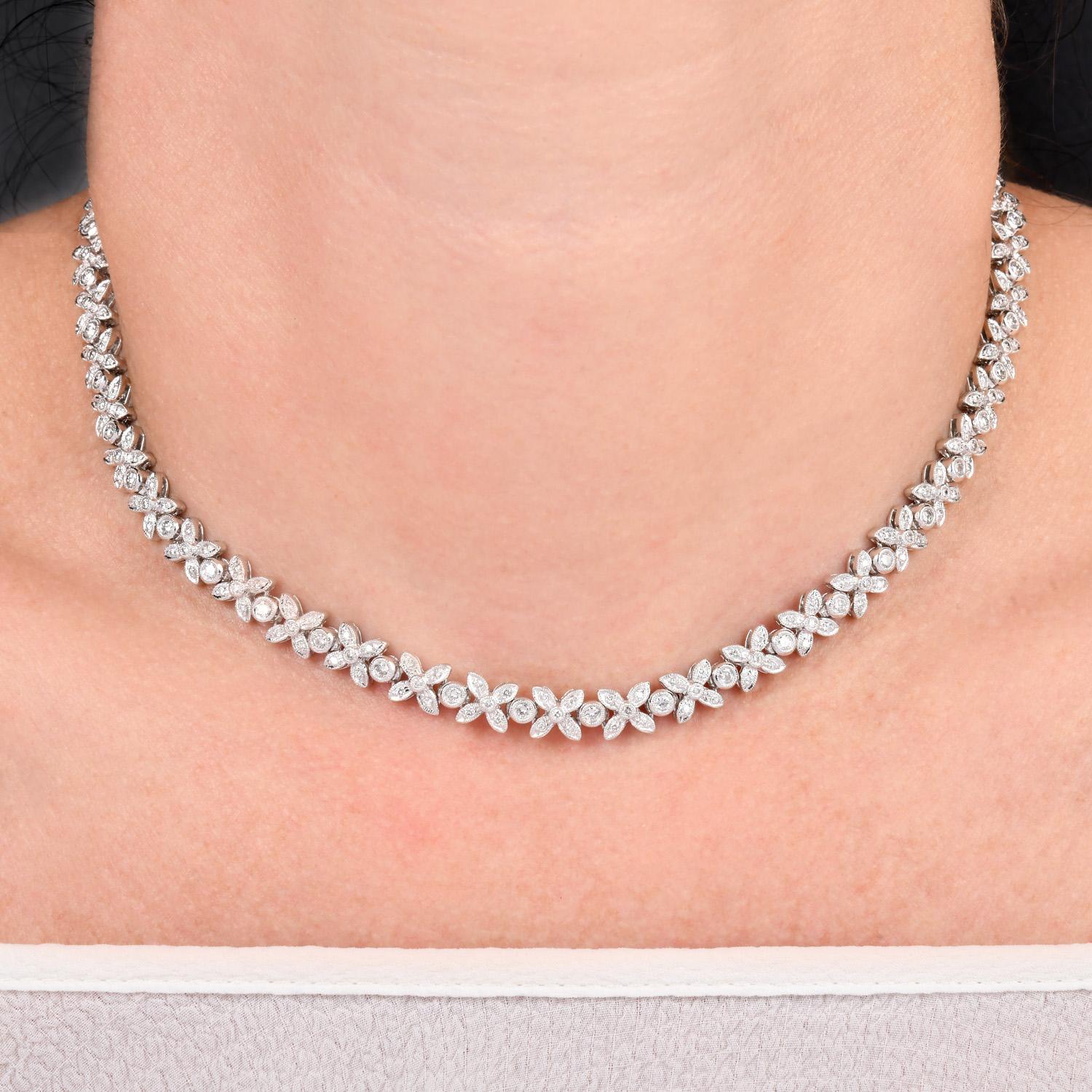 Floral Diamond 4.50cts Tennis Necklace 18K White Gold For Sale 2
