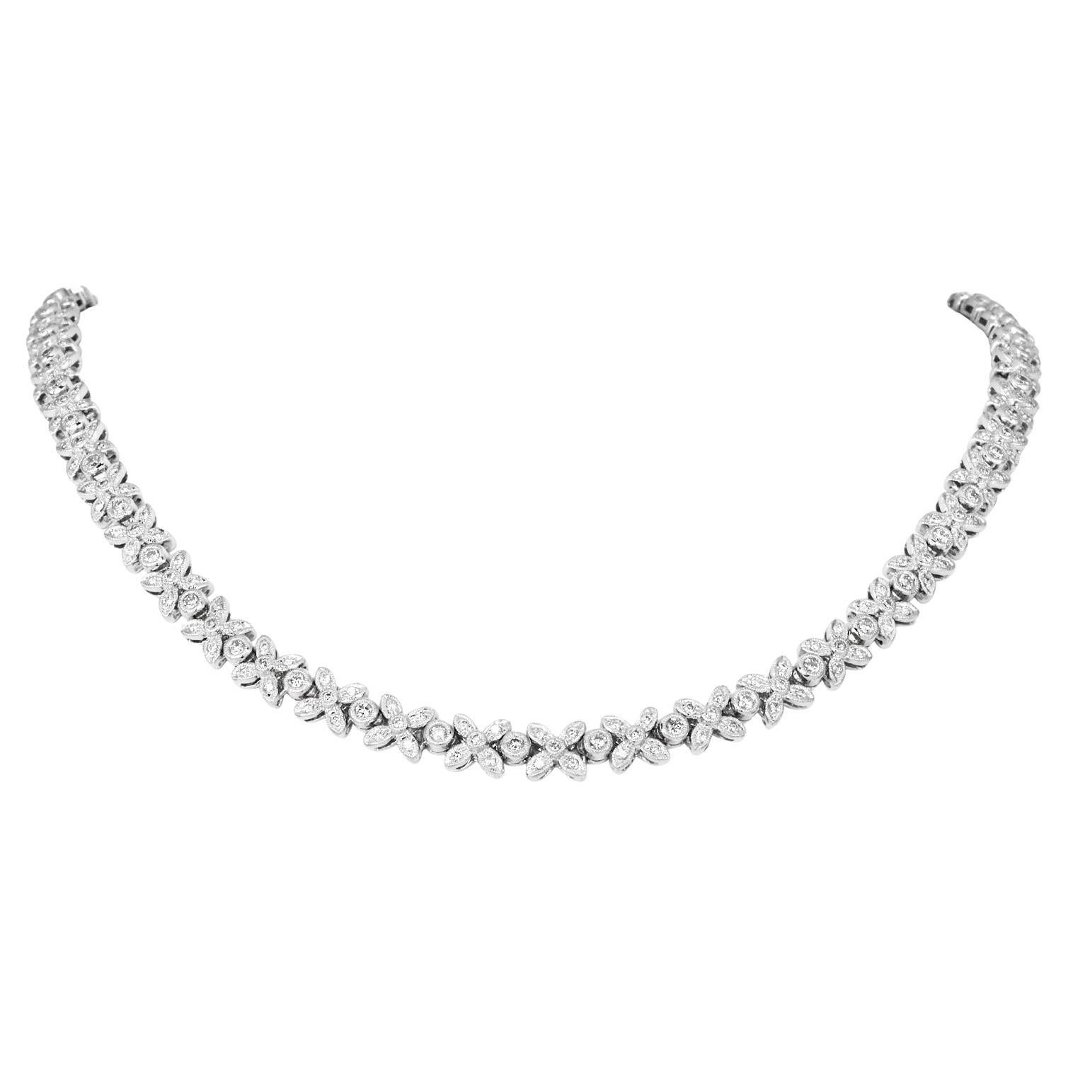 Floral Diamond 4.50cts Tennis Necklace 18K White Gold