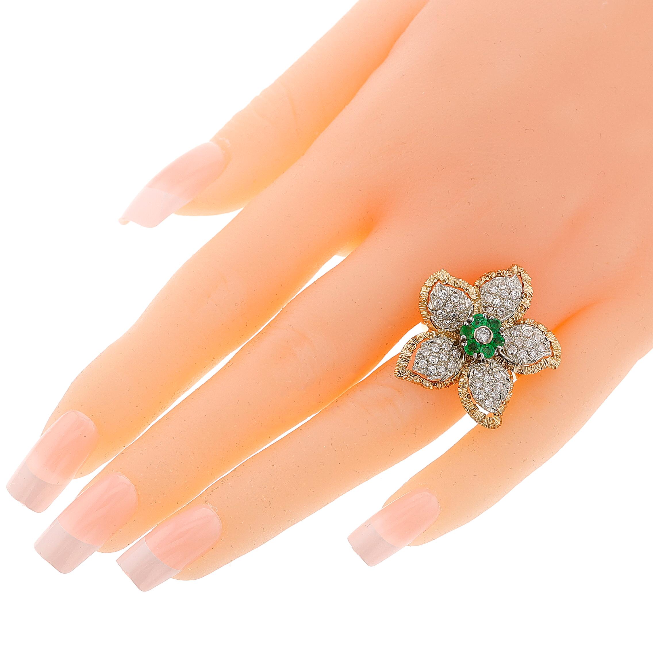 Floral Diamond and Emerald Earring, Ring, Pendant Set, 18k For Sale 5