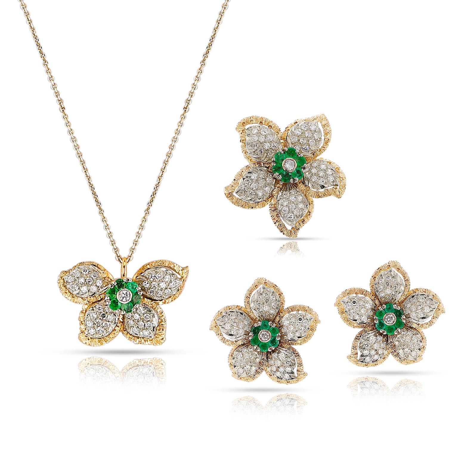 Floral Diamond and Emerald Earring, Ring, Pendant Set, 18k For Sale 9