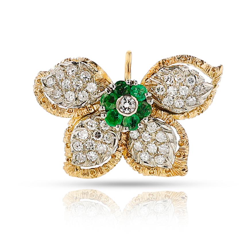Floral Diamond and Emerald Earring, Ring, Pendant Set, 18k For Sale 10