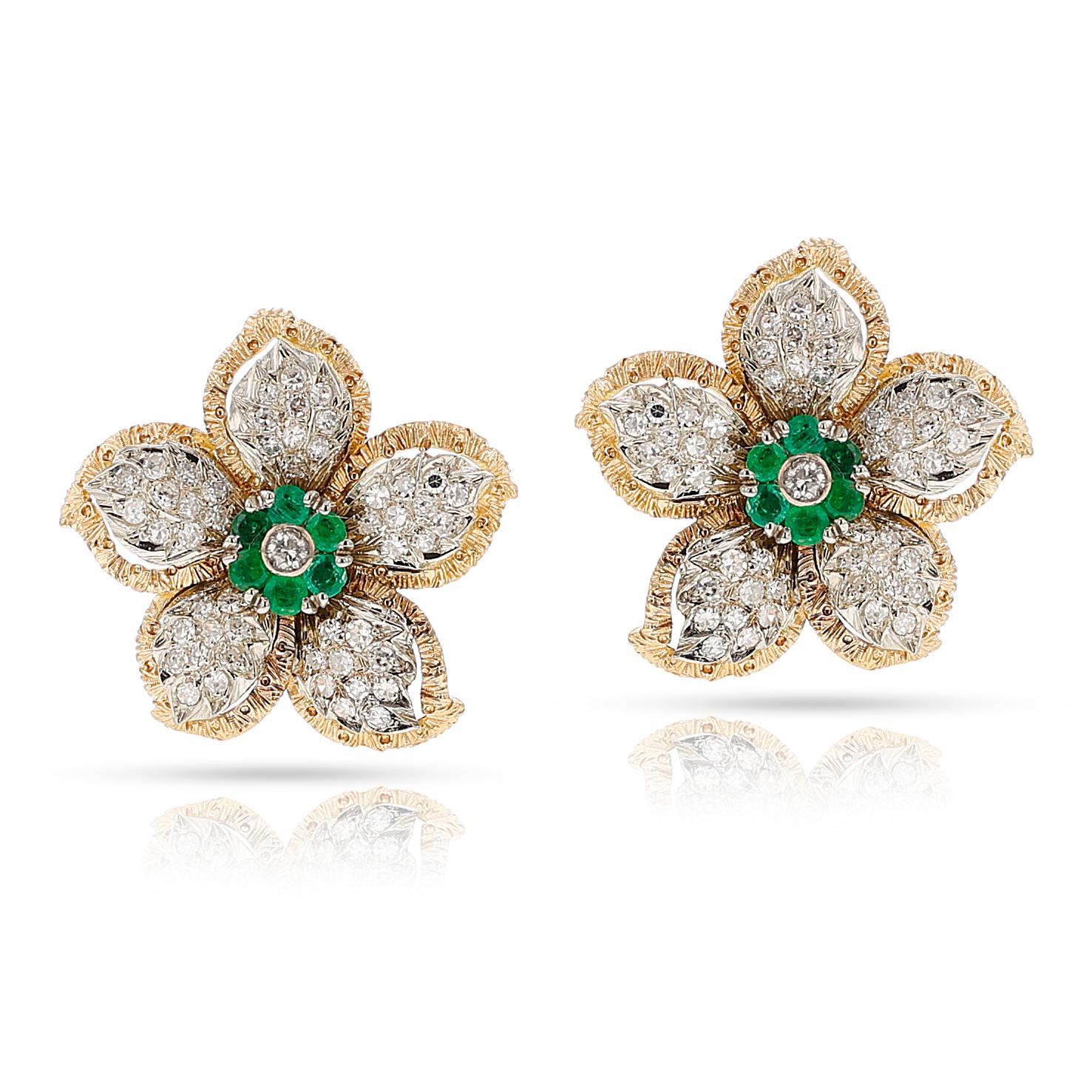 Round Cut Floral Diamond and Emerald Earring, Ring, Pendant Set, 18k For Sale