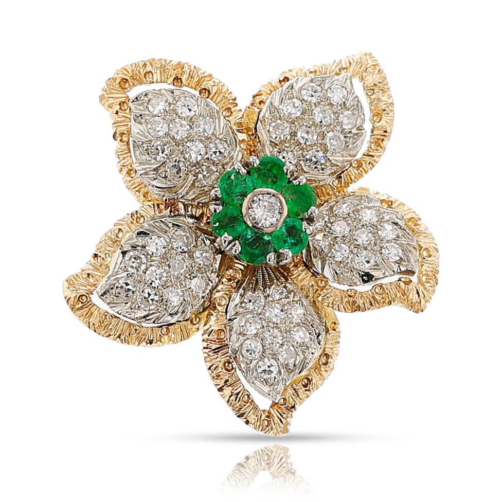 Floral Diamond and Emerald Earring, Ring, Pendant Set, 18k For Sale 1