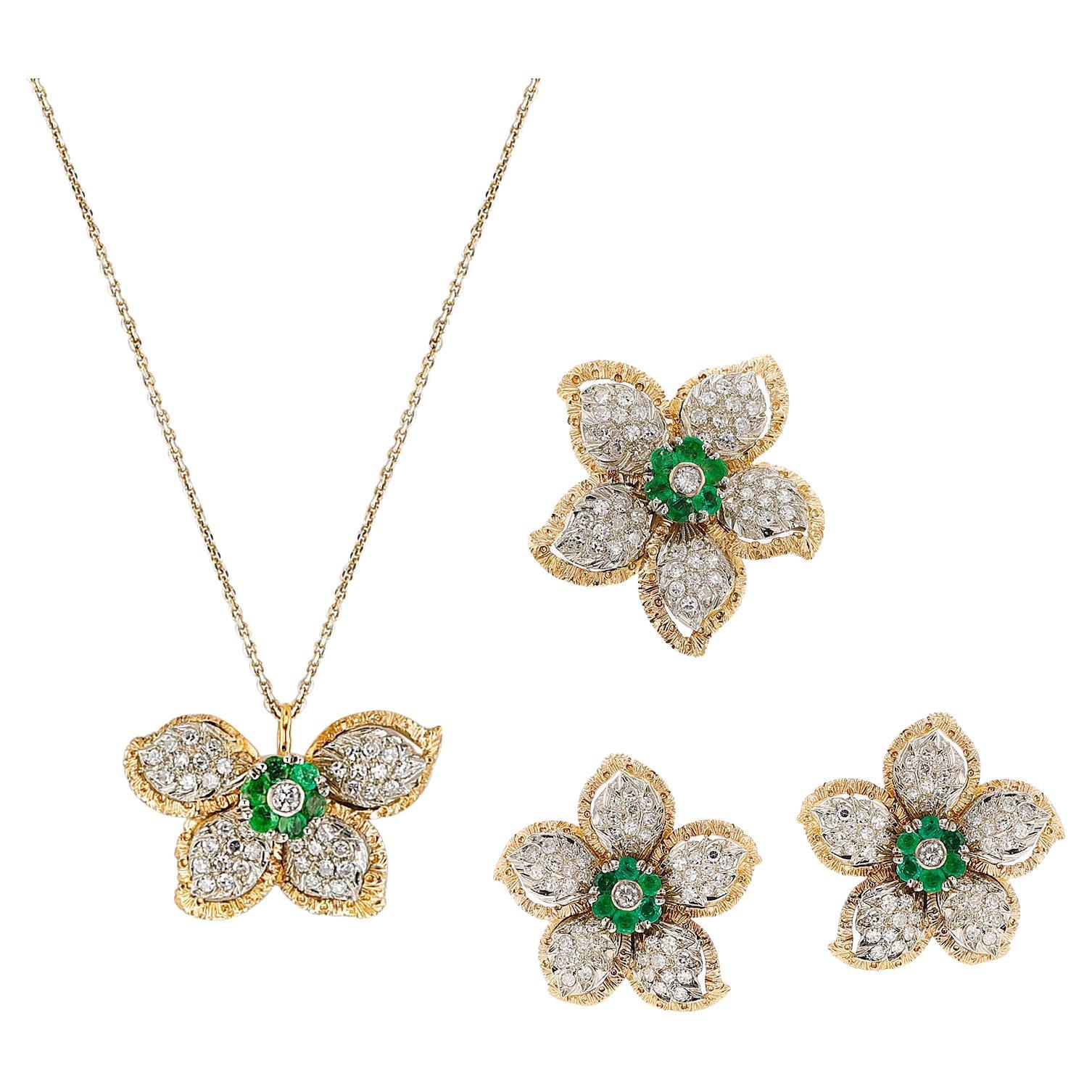 Floral Diamond and Emerald Earring, Ring, Pendant Set, 18k