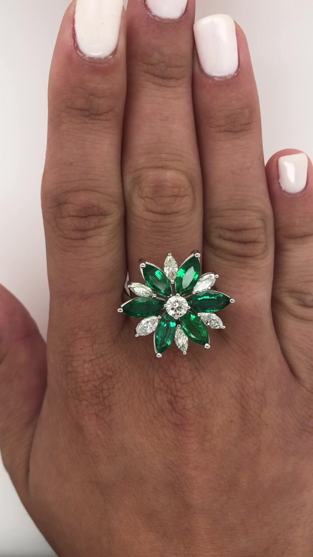 Art Deco Marquise Cut Floral Motif Diamond & Emerald Ring 