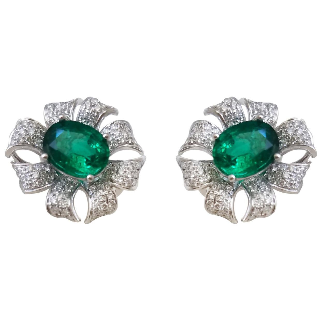 Floral Diamond and Emerald Stud Earrings