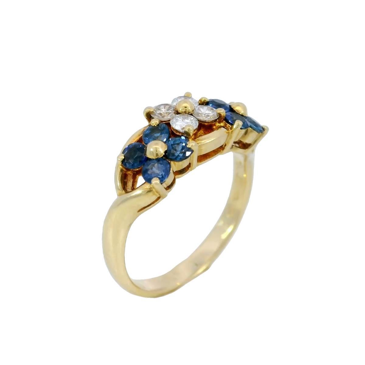 Bague fleur saphir diamant or jaune 18 carats ~.80ctw

Cette bague d'inspiration florale réunit des diamants et des saphirs dans un design équilibré, axé sur la nature. Au centre, des diamants blancs de taille ronde totalisant ~0,24 carats forment