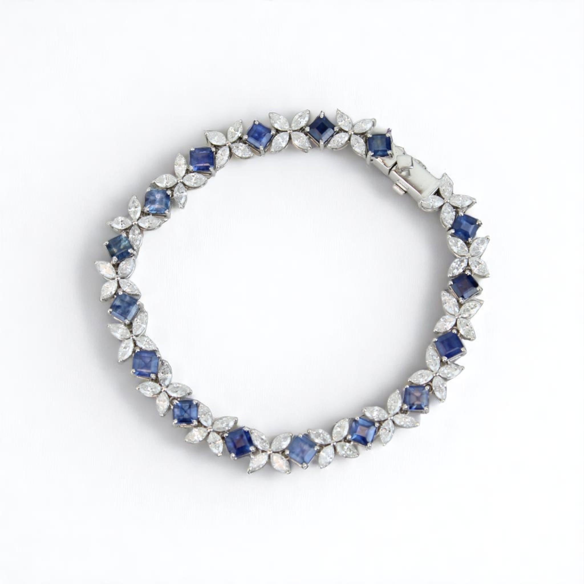 Tennisarmband mit floralem Diamant und blauem Saphir aus 14k massivem Gold (zertifiziert) (Rundschliff) im Angebot