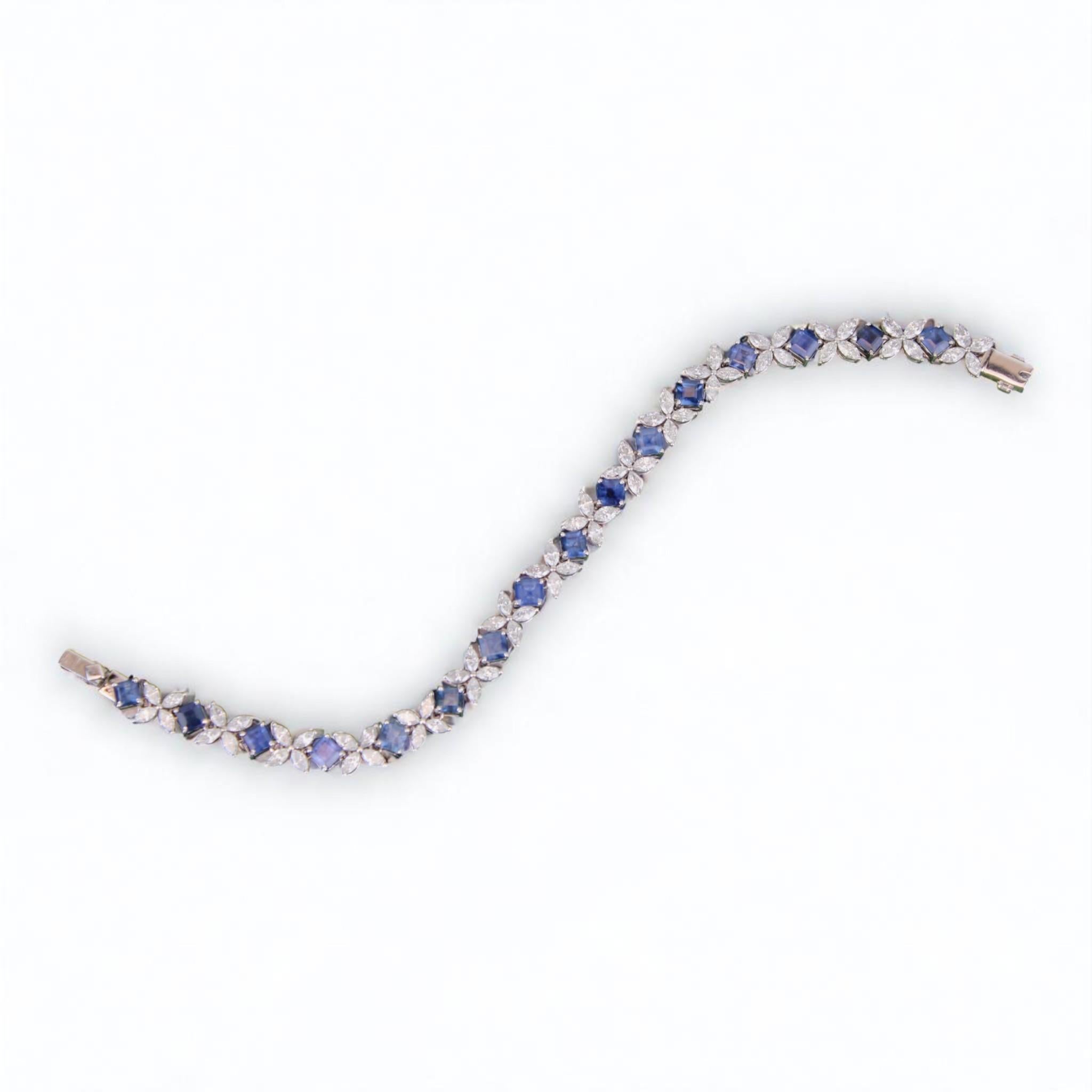 Tennisarmband mit floralem Diamant und blauem Saphir aus 14k massivem Gold (zertifiziert) im Zustand „Neu“ im Angebot in New Delhi, DL