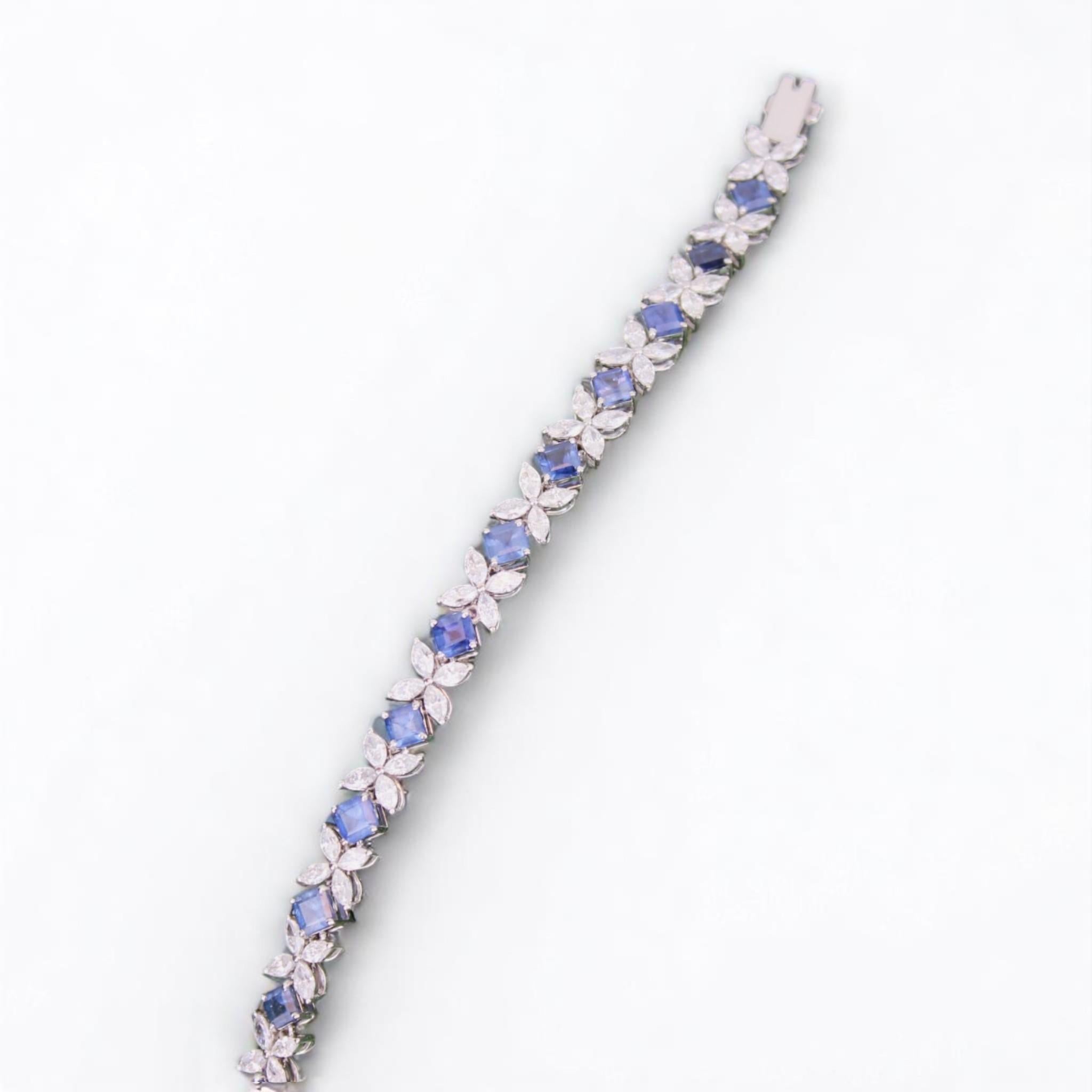 Tennisarmband mit floralem Diamant und blauem Saphir aus 14k massivem Gold (zertifiziert) für Damen oder Herren im Angebot