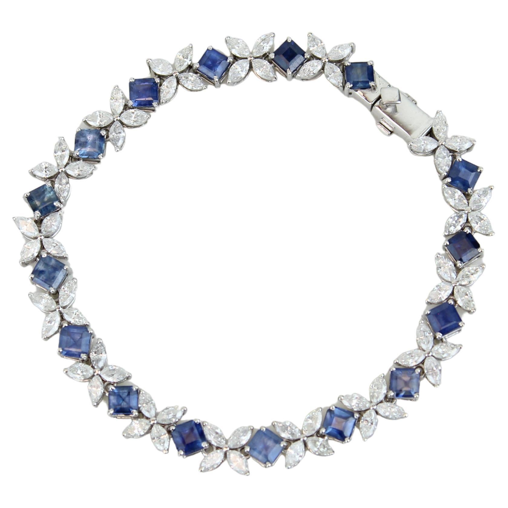 Bracelet de tennis en or massif 14k avec diamant floral et saphir bleu (certifié)