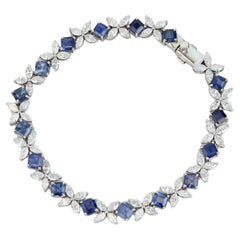 Tennisarmband mit floralem Diamant und blauem Saphir aus 14k massivem Gold (zertifiziert)