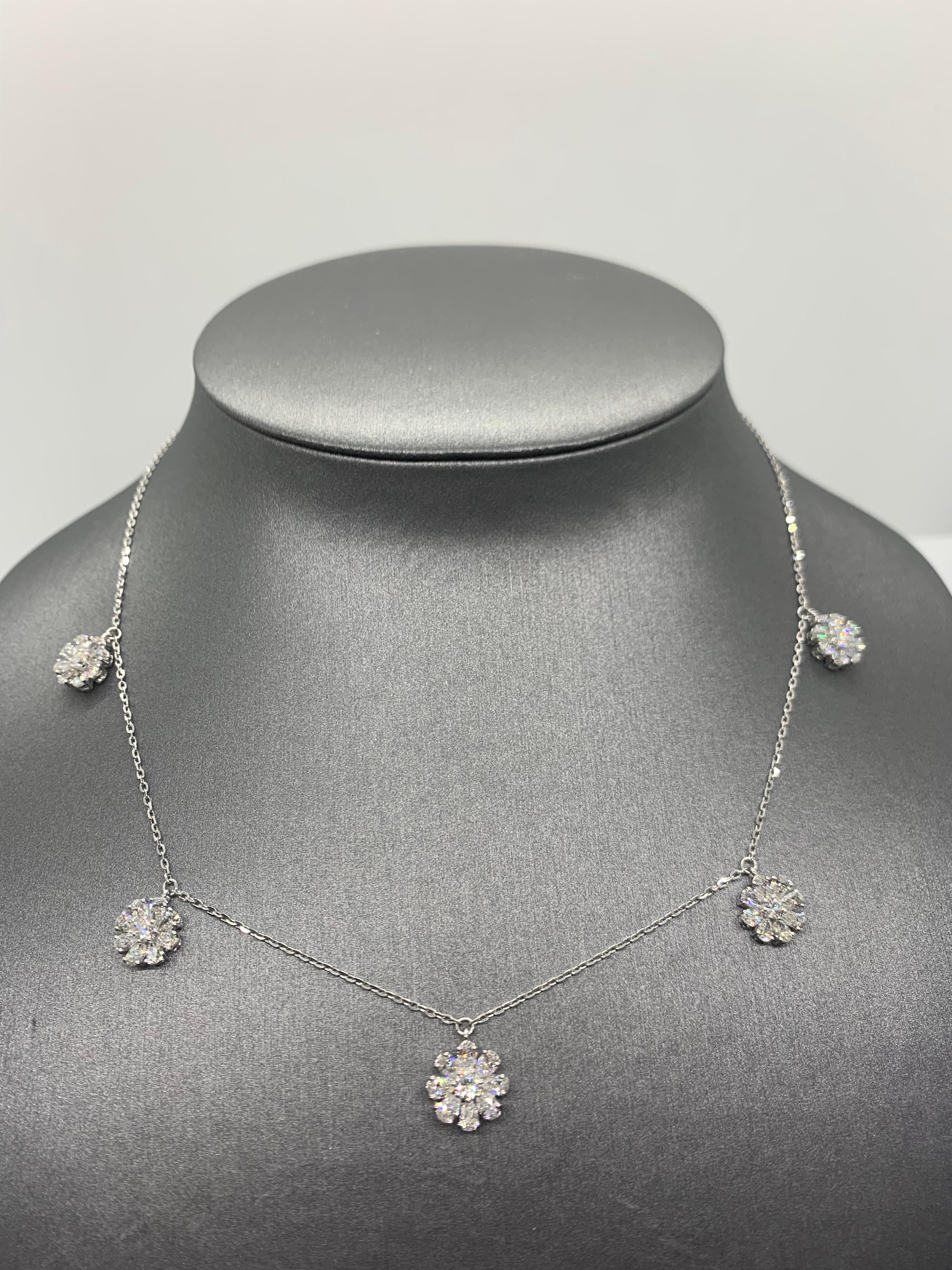 Pear Cut Floral Diamond Charm Necklace in 18K White Gold For Sale