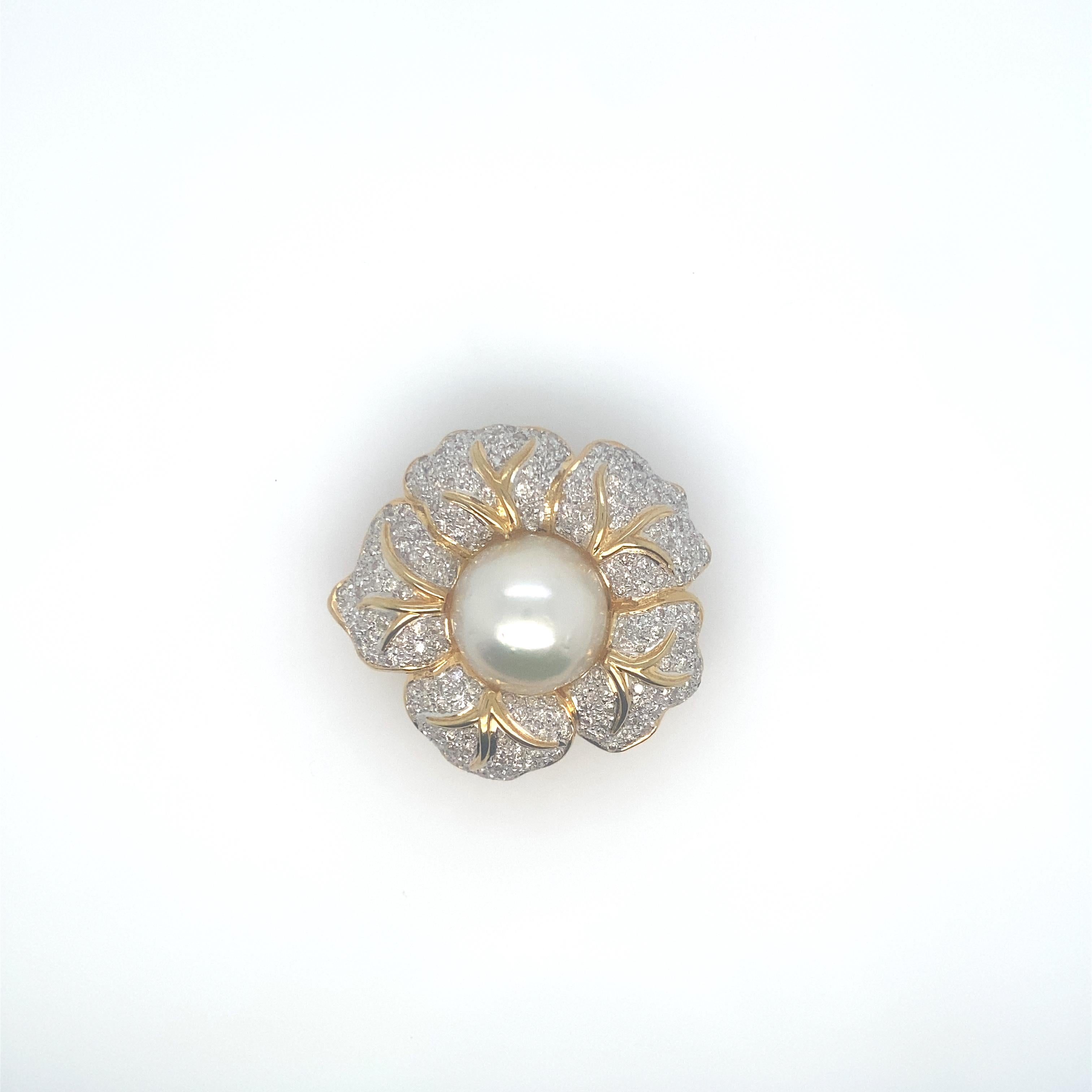Floral Diamond Clasp/Enhancer with Large South Sea Pearls In Excellent Condition In Johns Creek, GA