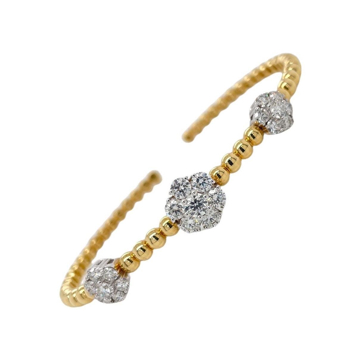 Bracelet jonc souple en or jaune et blanc 18 carats avec grappe de diamants à motifs floraux