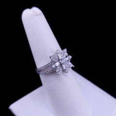 Floral Diamond Cluster Ring with Baguette Accents in 14K White Gold