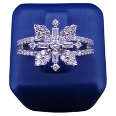 Floral Diamond Cluster Ring with Baguette Accents in 14K White Gold