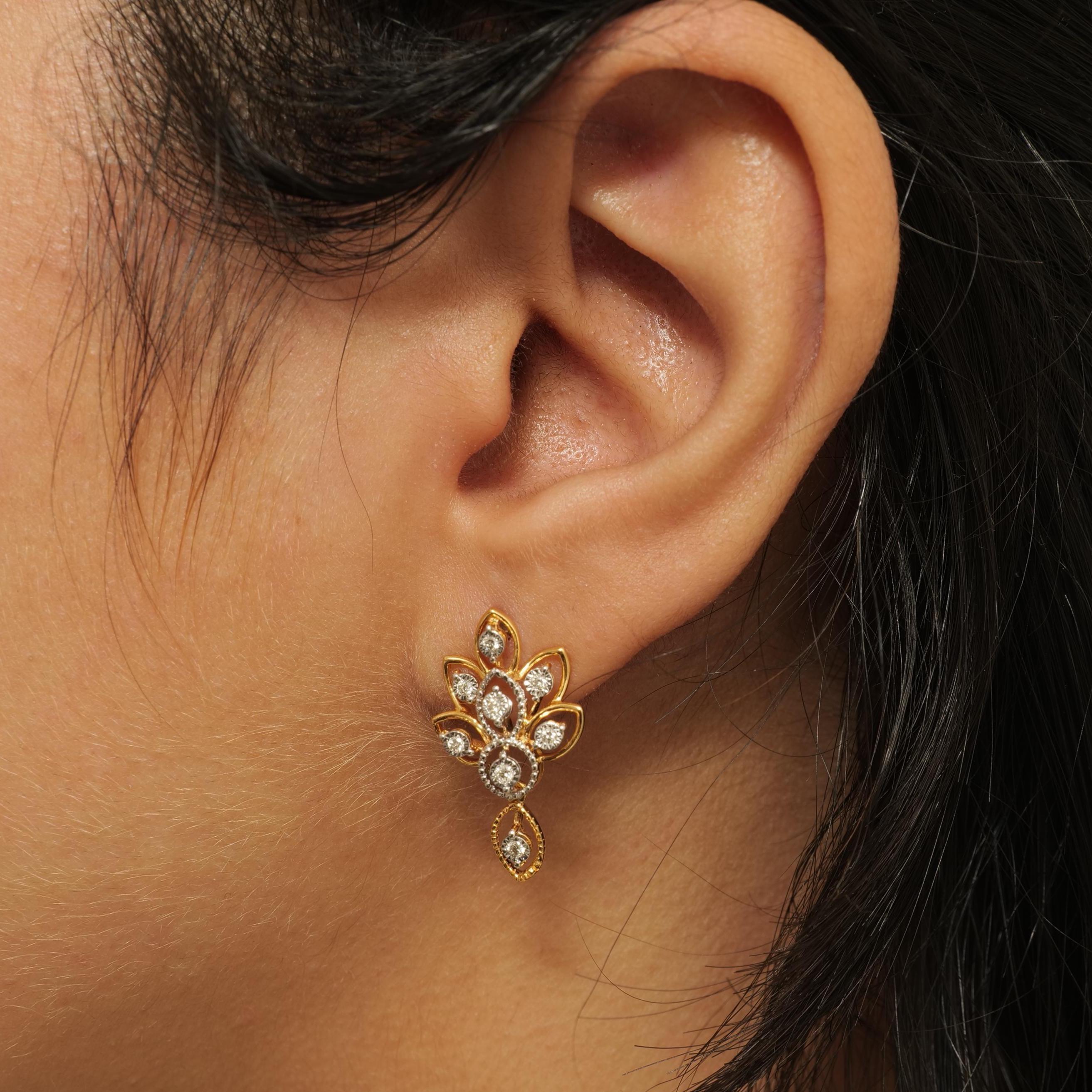 Art déco Boucles d'oreilles pendantes en or massif 14 carats avec diamants floraux (certifié) en vente