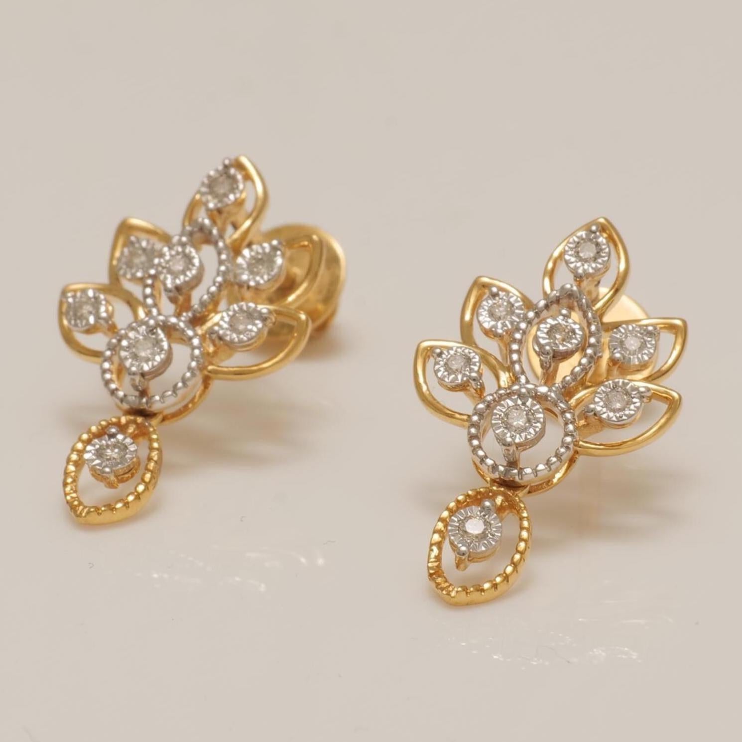 Taille ronde Boucles d'oreilles pendantes en or massif 14 carats avec diamants floraux (certifié) en vente