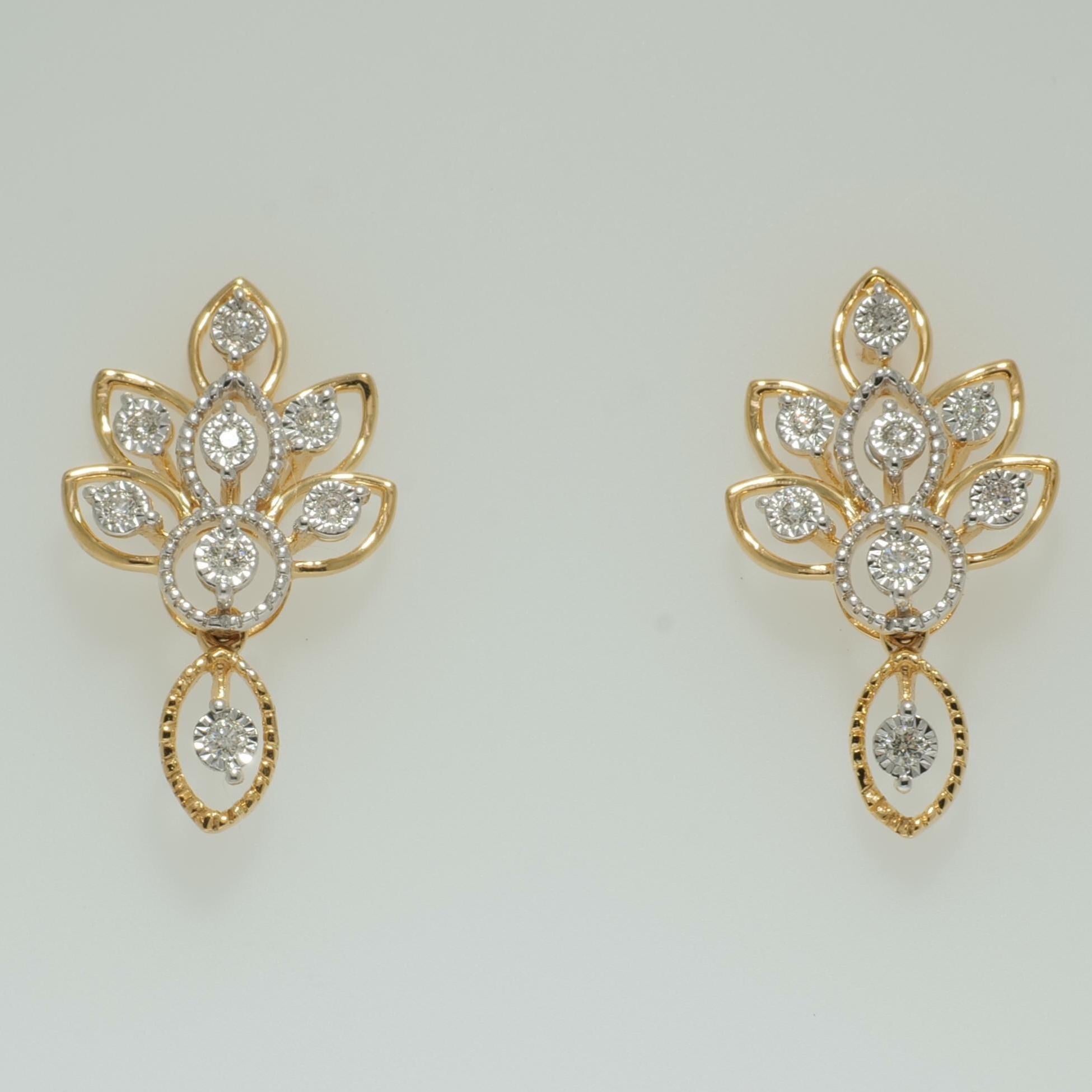 Boucles d'oreilles pendantes en or massif 14 carats avec diamants floraux (certifié) Pour femmes en vente