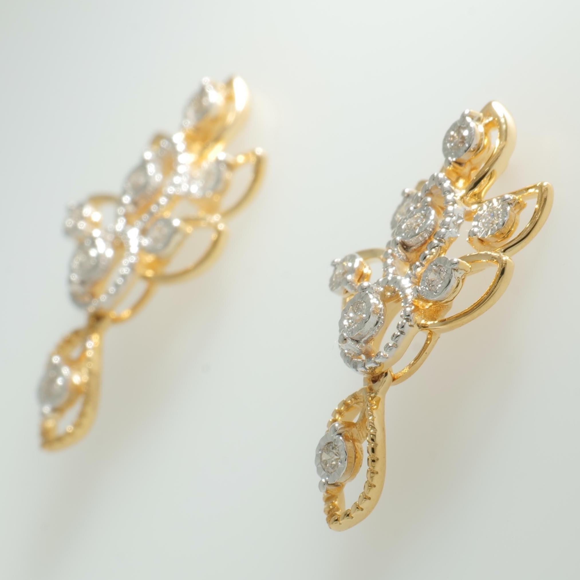 Boucles d'oreilles pendantes en or massif 14 carats avec diamants floraux (certifié) en vente 1